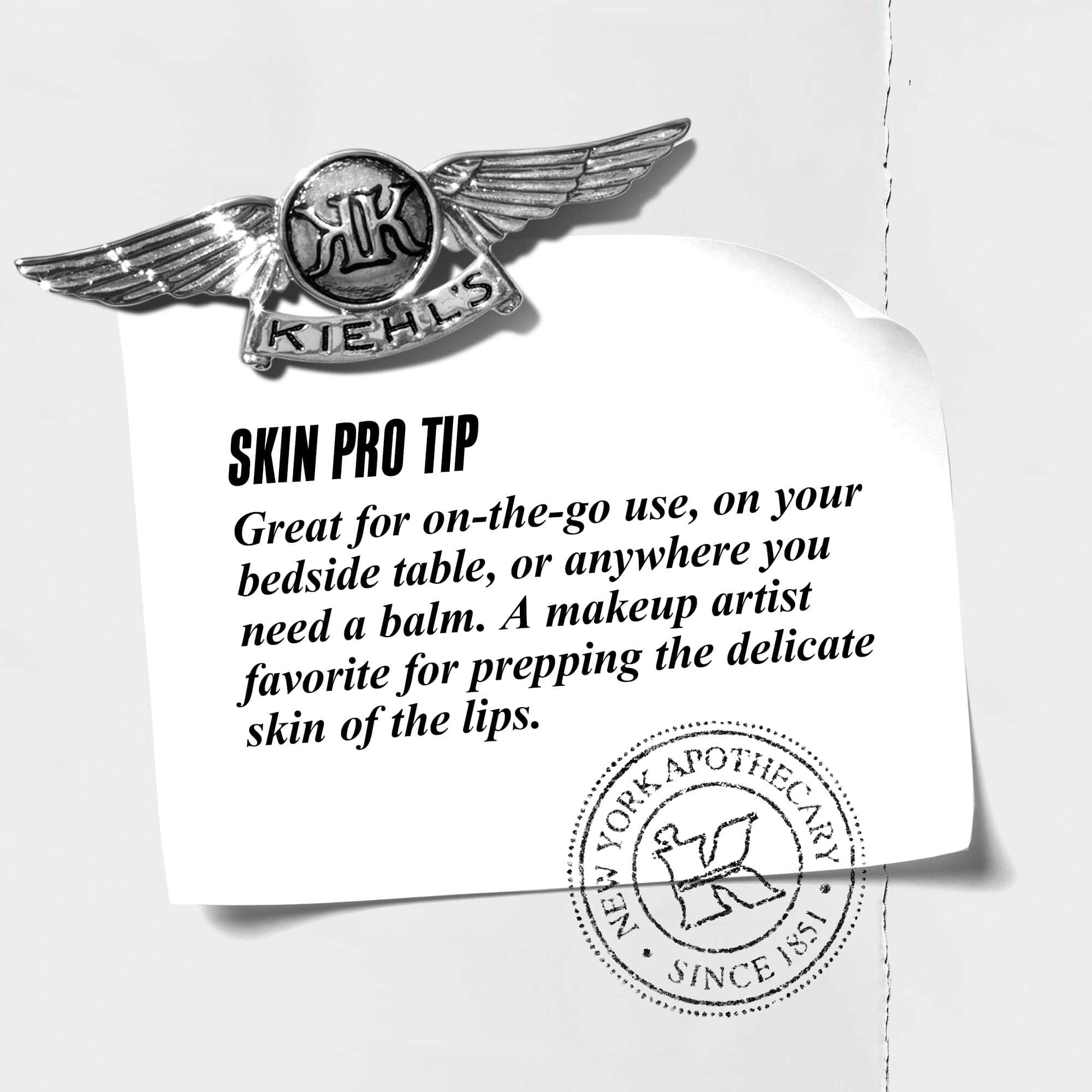 A graphic with text reading "Skin Pro Tip: Great for on-the-go use, on your bedside table, or anywhere you need a balm. A makeup artist favorite for prepping the delicate skin of the lips."