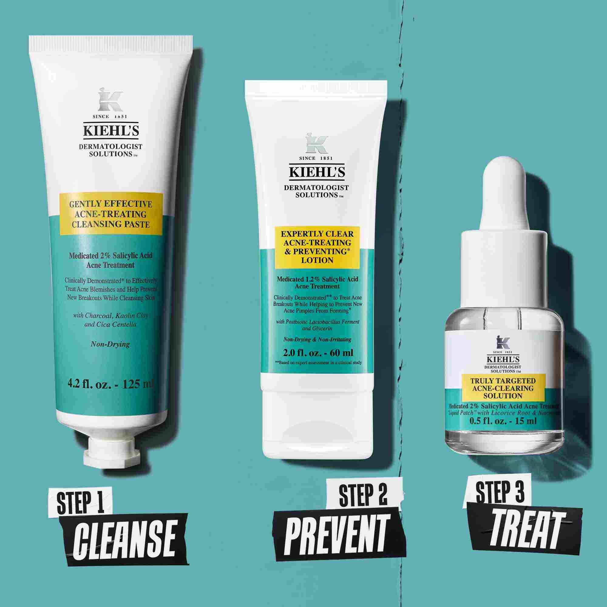 A three-step blemish-clearing routine featuring Kiehl's products. Step 1: Blemish-Treating Cleansing Paste. Step 2: Blemish-Treating & Preventing Lotion. Step 3: Truly-Targeted Blemish-Clearing Solution.