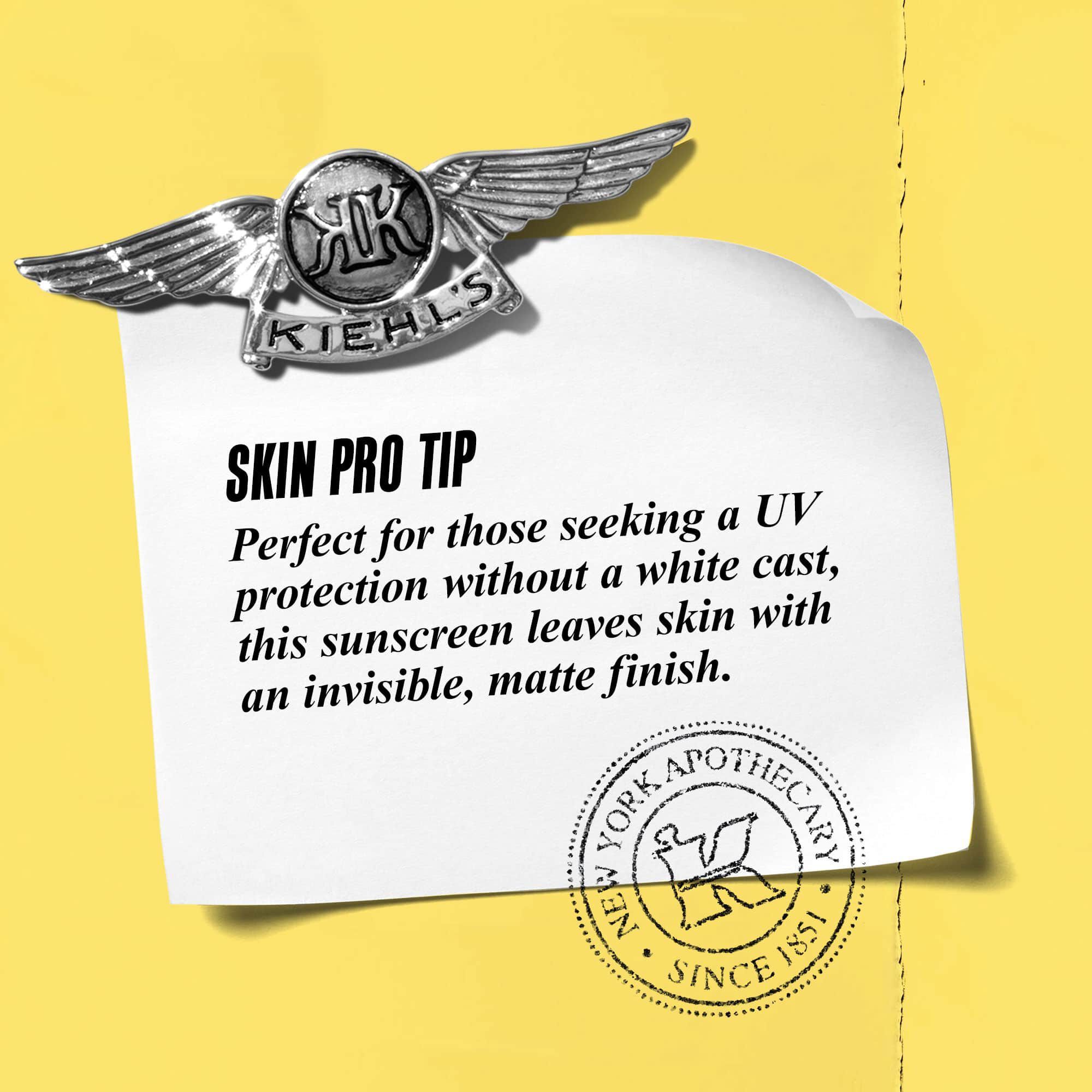 Graphic with text reading: "Skin Pro Tip: Perfect for those seeking a UV protection without a white cast, this sunscreen leaves skin with an invisible, matte finish."
