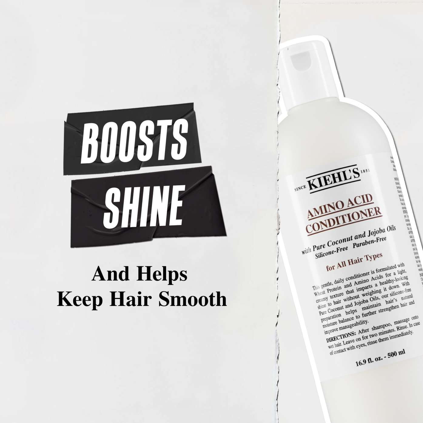Kiehl's Amino Acid Conditioner bottle partially shown on right. Text on black cards reads, "Boosts Shine." Below, it says, "And Helps Keep Hair Smooth."