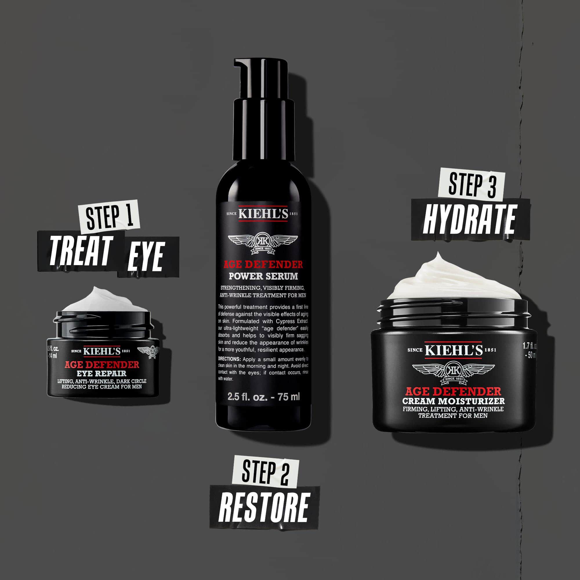 Three-step Age Defender routine: Step 1: Treat Eye. Step 2: Hydrate Serum. Step 3: Restore with Cream.