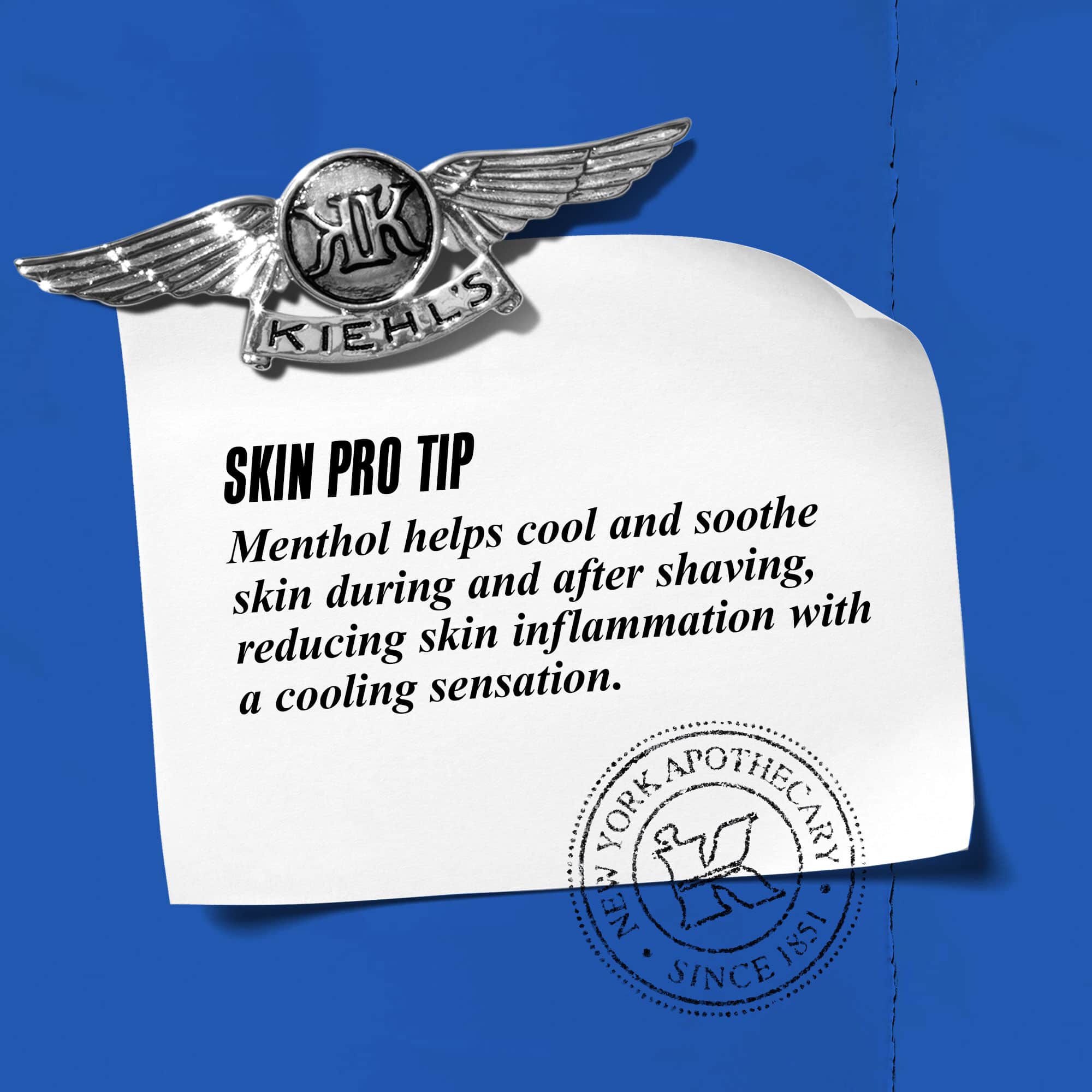 Graphic with text reading: "Skin Pro Tip: Menthol helps cool and soothe skin during and after shaving, reducing skin inflammation with a cool sensation."