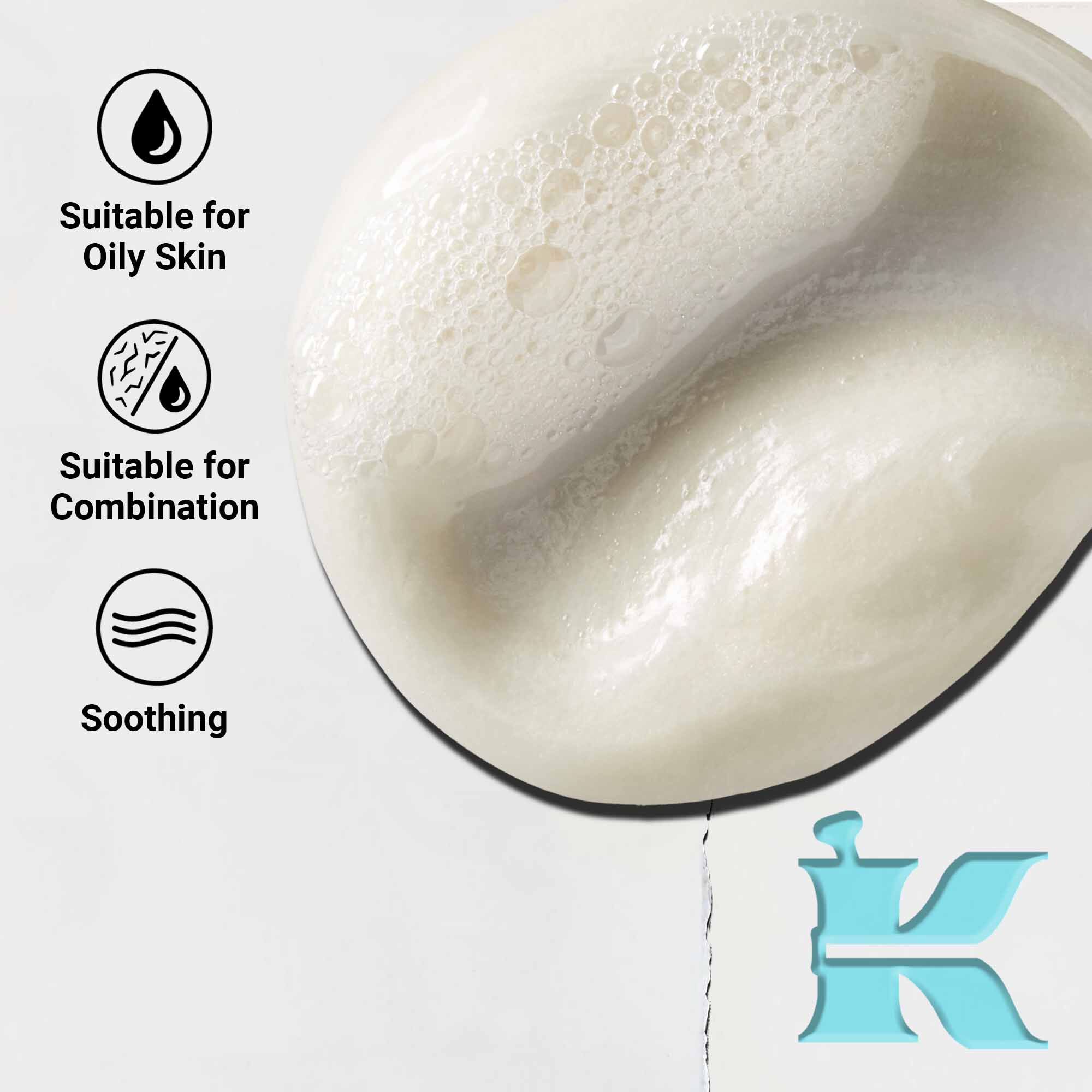 A close-up of Ultra Facial Oil-Free Cleanser texture swipe showing a lightweight, creamy formula. Text highlights soothing benefits and suitability for oily and combination skin.