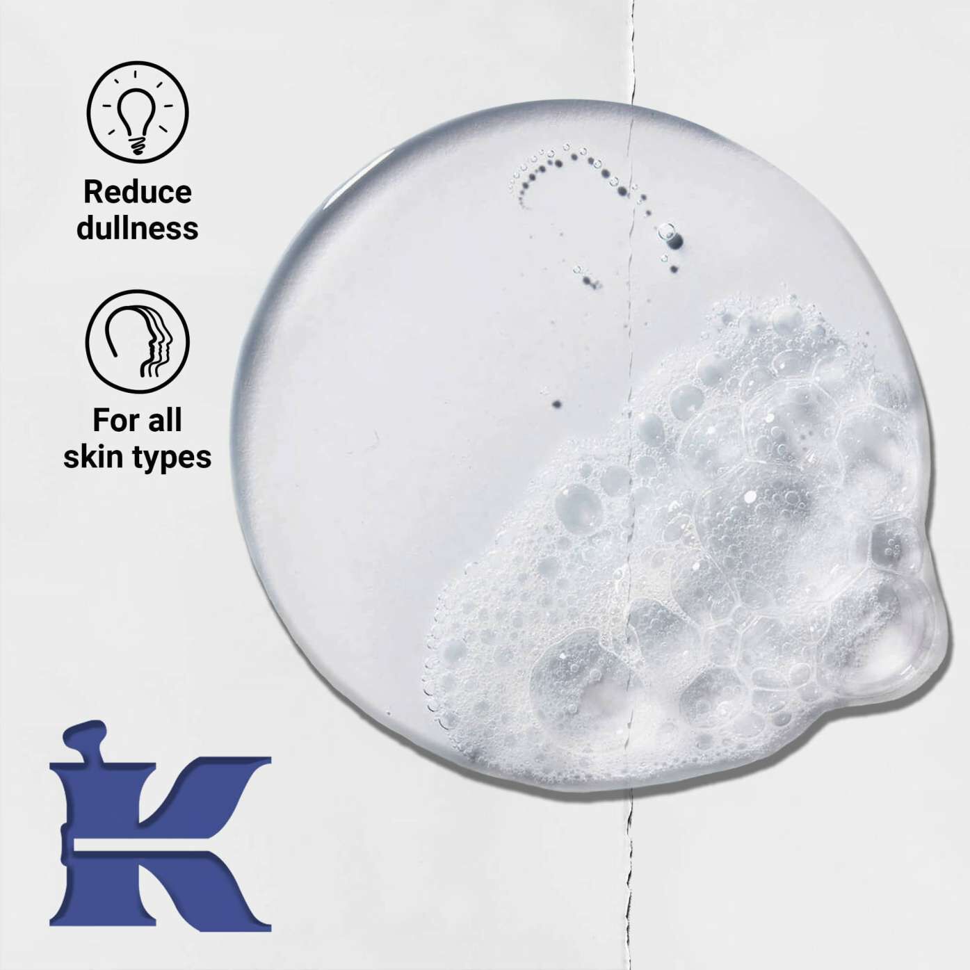 A translucent, bubbly gel on a gray background, with icons highlighting benefits: reduces dullness and suits all skin types.