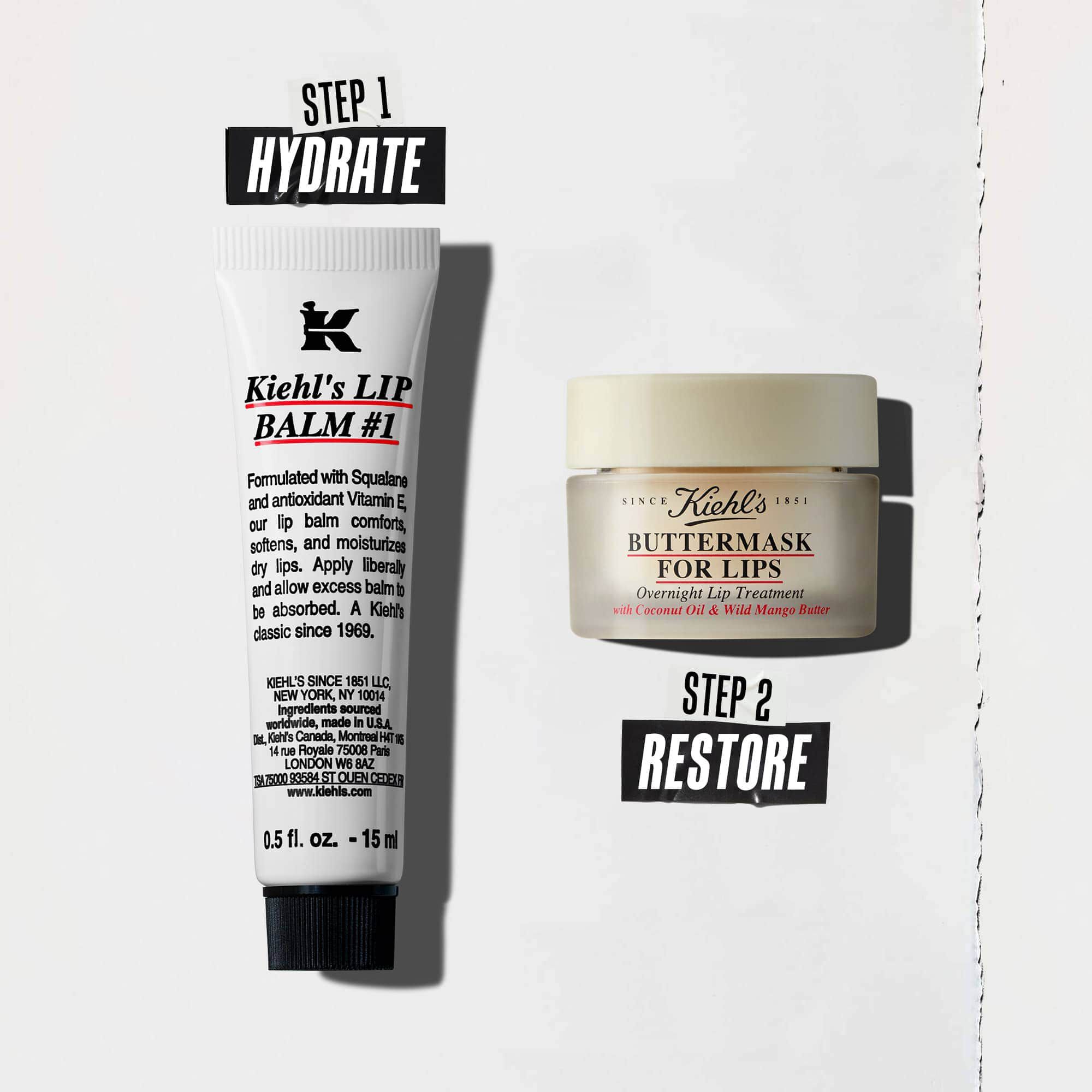 A two-step routine featuring Lip Balm #1 for hydration and Butter Mask for restoration.