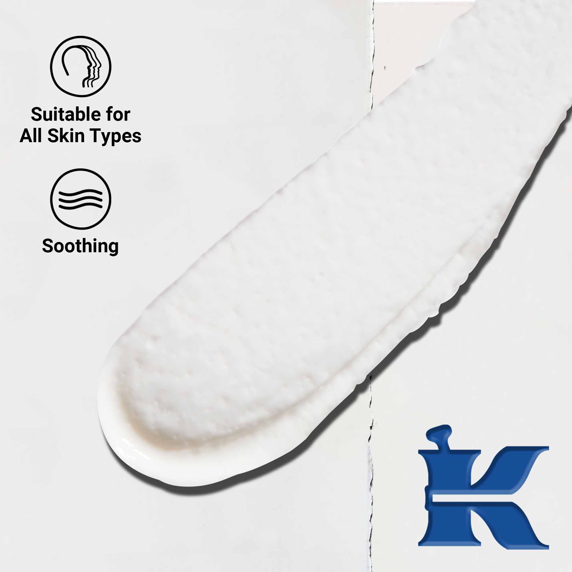 A close-up of Ultimate Brushless Shave Cream White Eagle texture swipe. Text highlights it as suitable for all skin types, as well as its soothing and non-irritating formula.