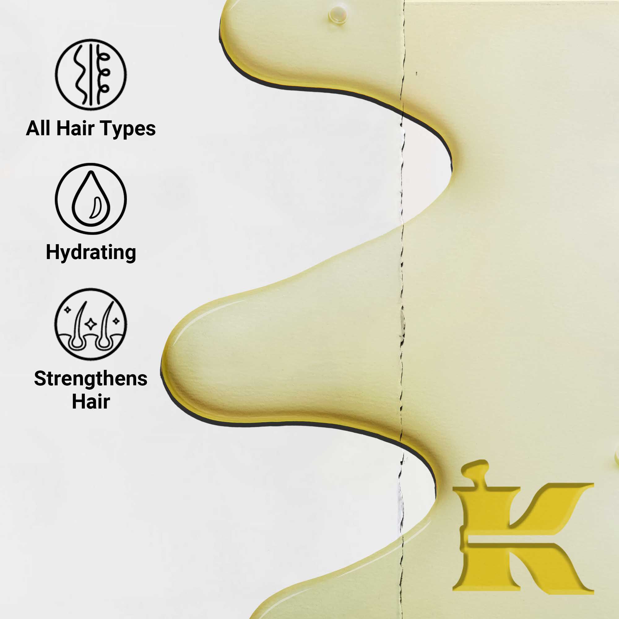 A close-up of Magic Elixir Hair Oil texture swipe. Text highlights it as hydrating, lightweight, and designed to improve hair texture for all hair types.