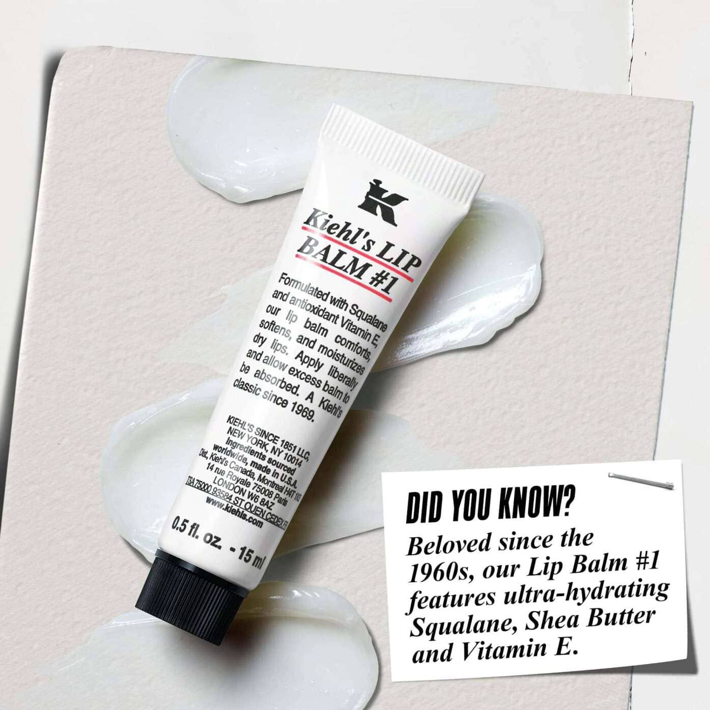 A tube of Lip Balm #1 on a white surface with text reading "Did You Know? Formulated with Squalane, Shea Butter, and Vitamin E for hydrated, smoother lips."
