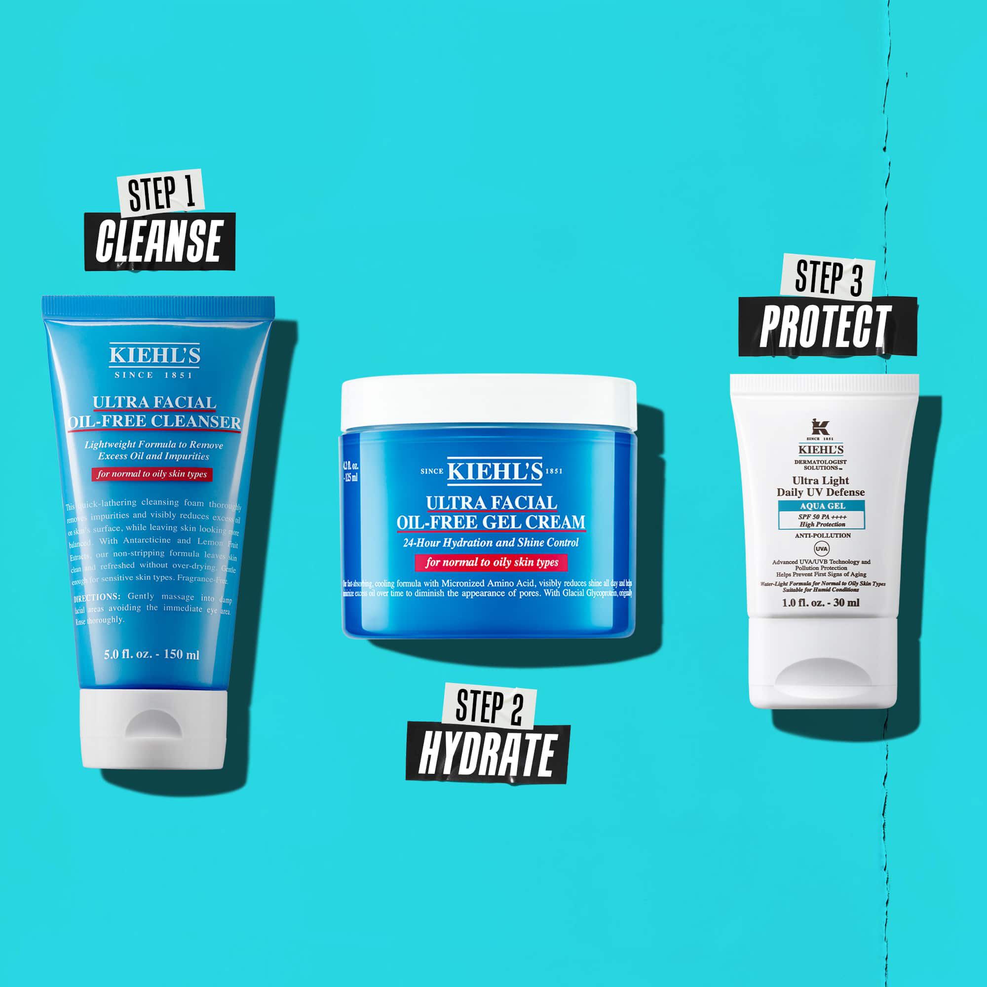 A three-step routine featuring Kiehl's products. Step 1: Ultra Facial Oil-Free Cleanser. Step 2: Ultra Facial Oil-Free Gel Cream. Step 3: Ultra Light Daily UV Defense Aqua Gel.