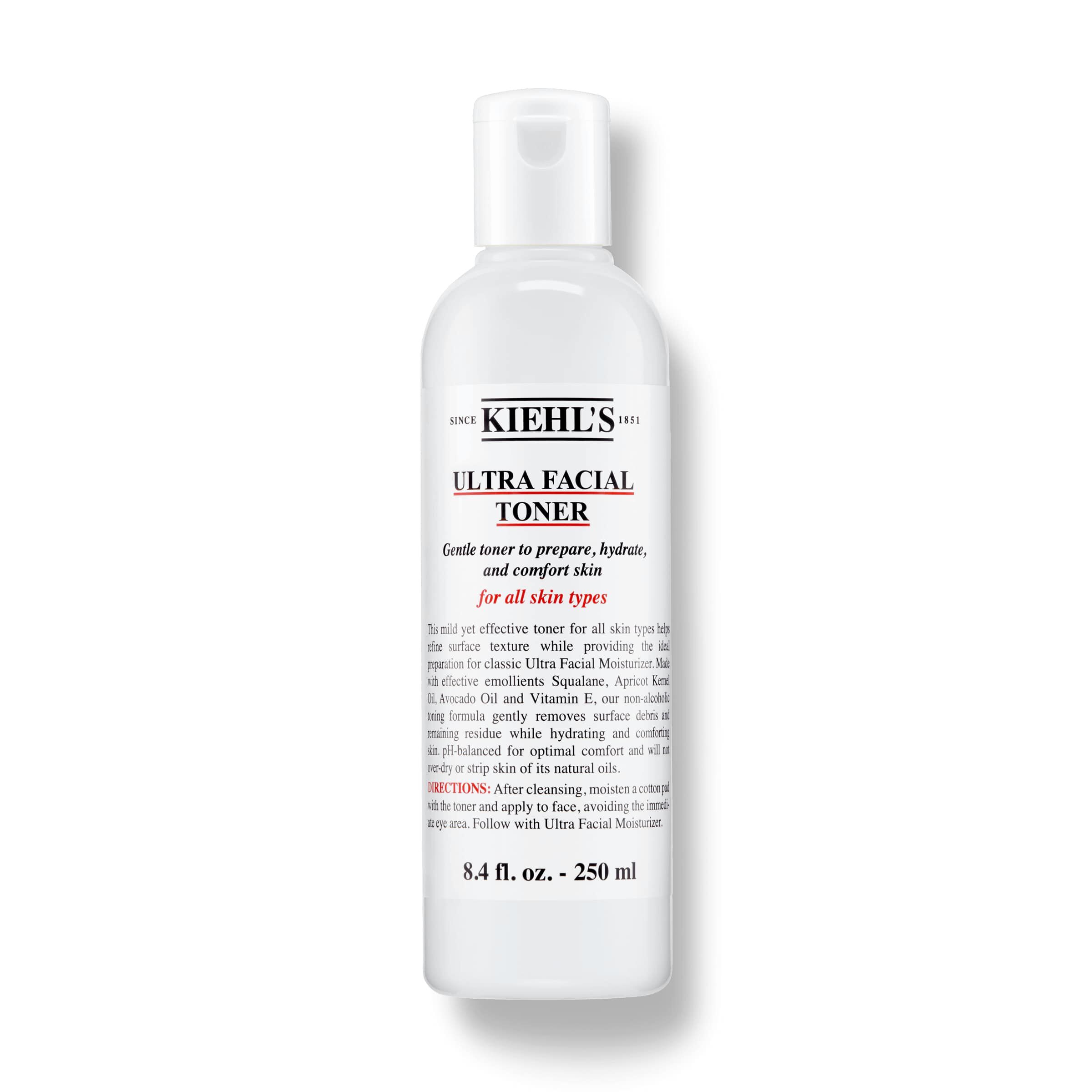 Kiehl's Ultra Facial Toner bottle, labeled for all skin types, designed to hydrate, comfort, and prepare skin for moisturizer.