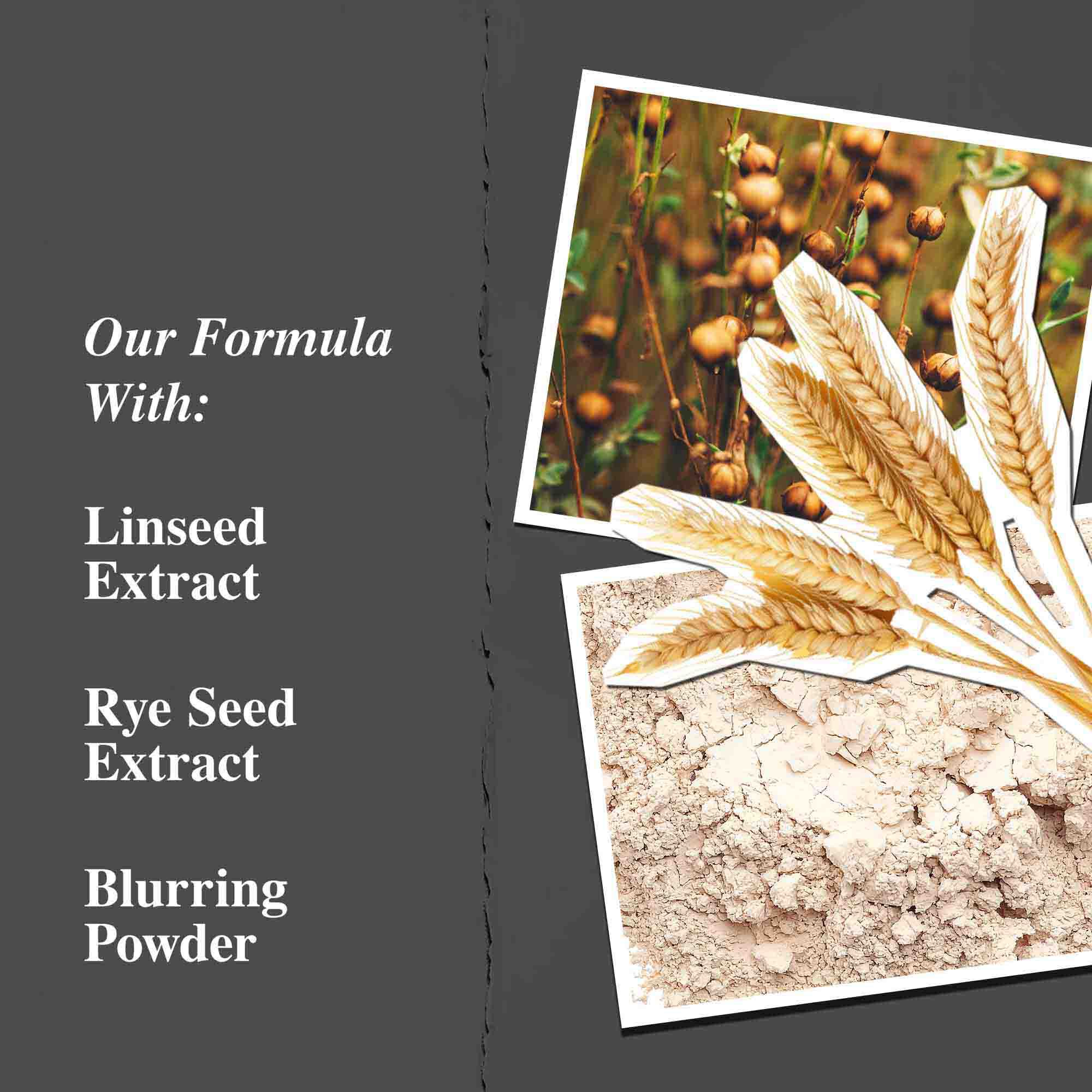Key ingredients graphic highlighting Linseed Extract, Rye Seed Extract, and Blurring Powder.