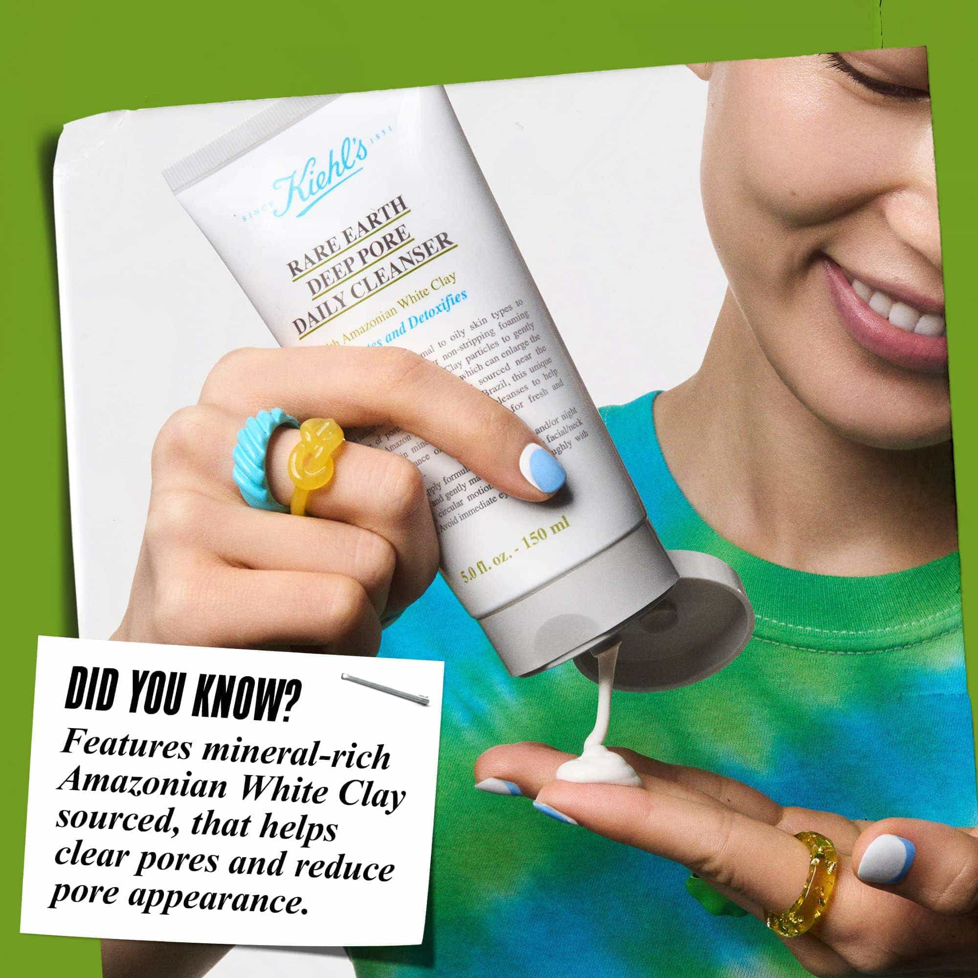 Hand dispensing Rare Earth Deep Pore Daily Cleanser onto fingertips. Text reads: "Did You Know? Formulated with Amazonian White Clay that helps clear pores and reduce pore appearance."