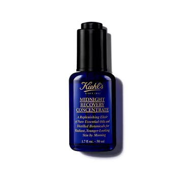 A 30ml bottle of Kiehl's Midnight Recovery Concentrate face oil against a white background.