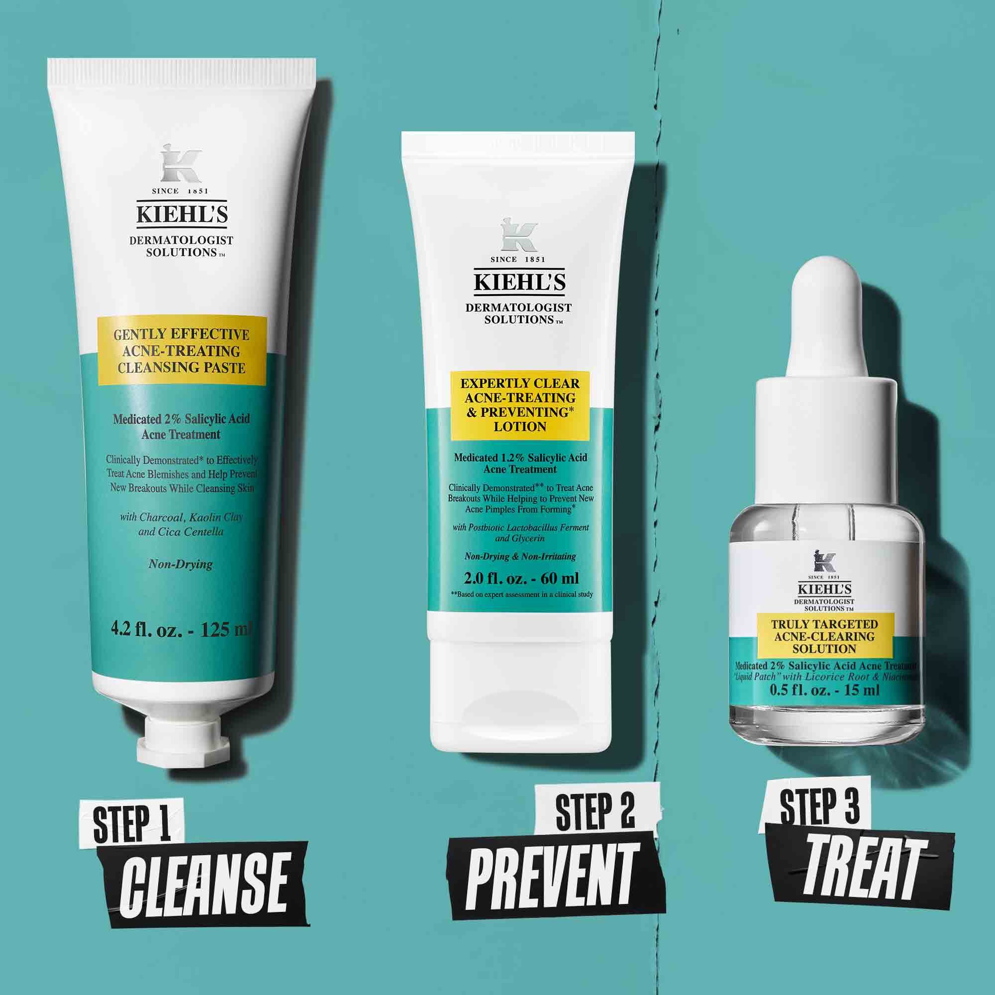 A three-step blemish-clearing routine featuring Kiehl's products. Step 1: Blemish-Treating Cleansing Paste. Step 2: Blemish-Treating & Preventing Lotion. Step 3: Truly-Targeted Blemish-Clearing Solution.