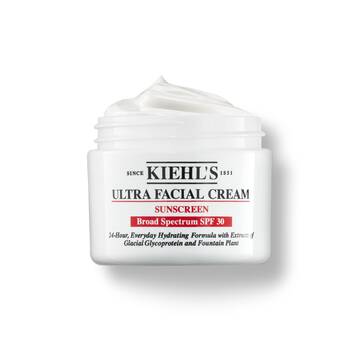 A 125ml jar of Kiehl's Ultra Facial Cream SPF 30 with whipped texture against a white background.