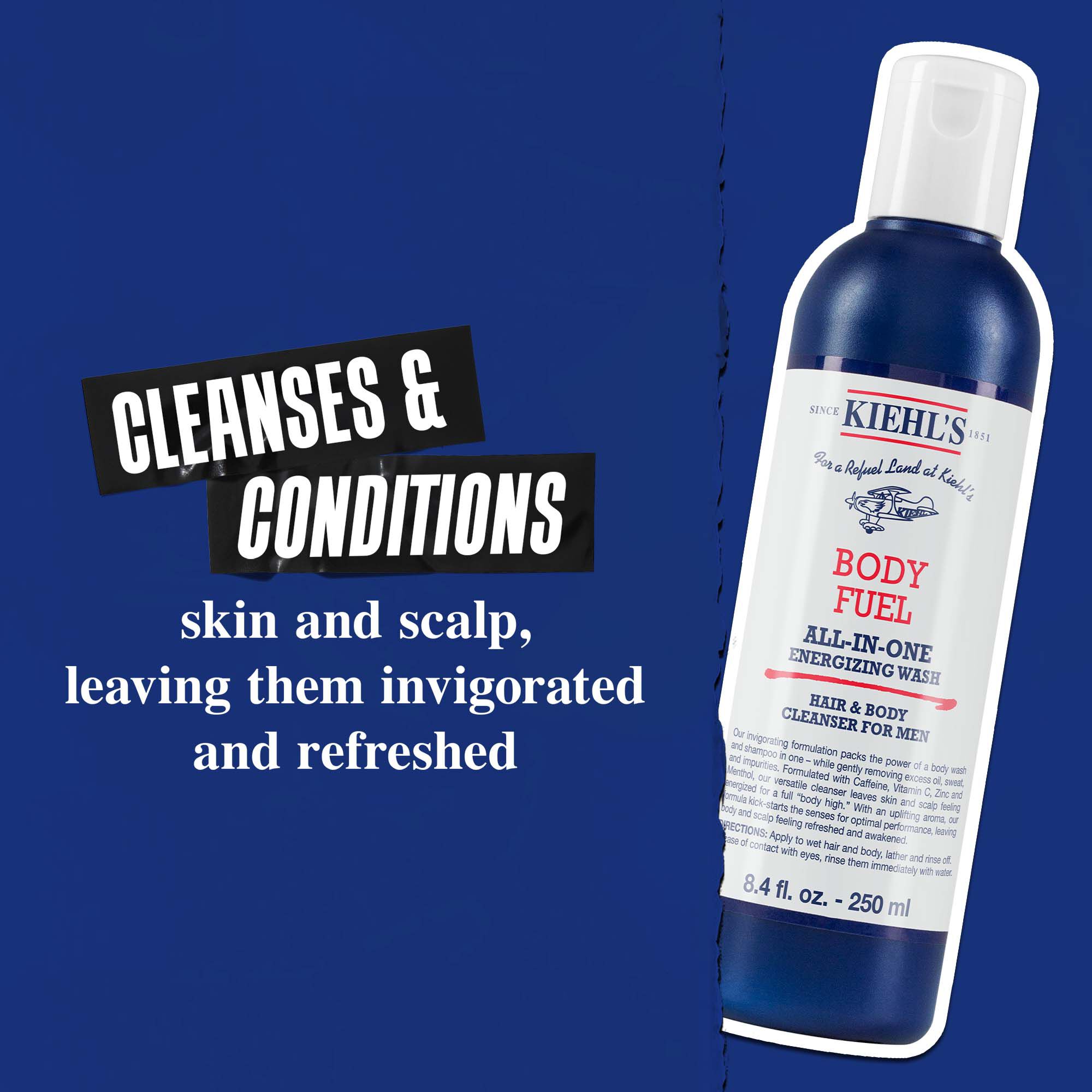 Body Fuel All-In-One Energizing Wash: Cleanses & Conditions skin, hair and scalp, leaving them invigorated and refreshed.