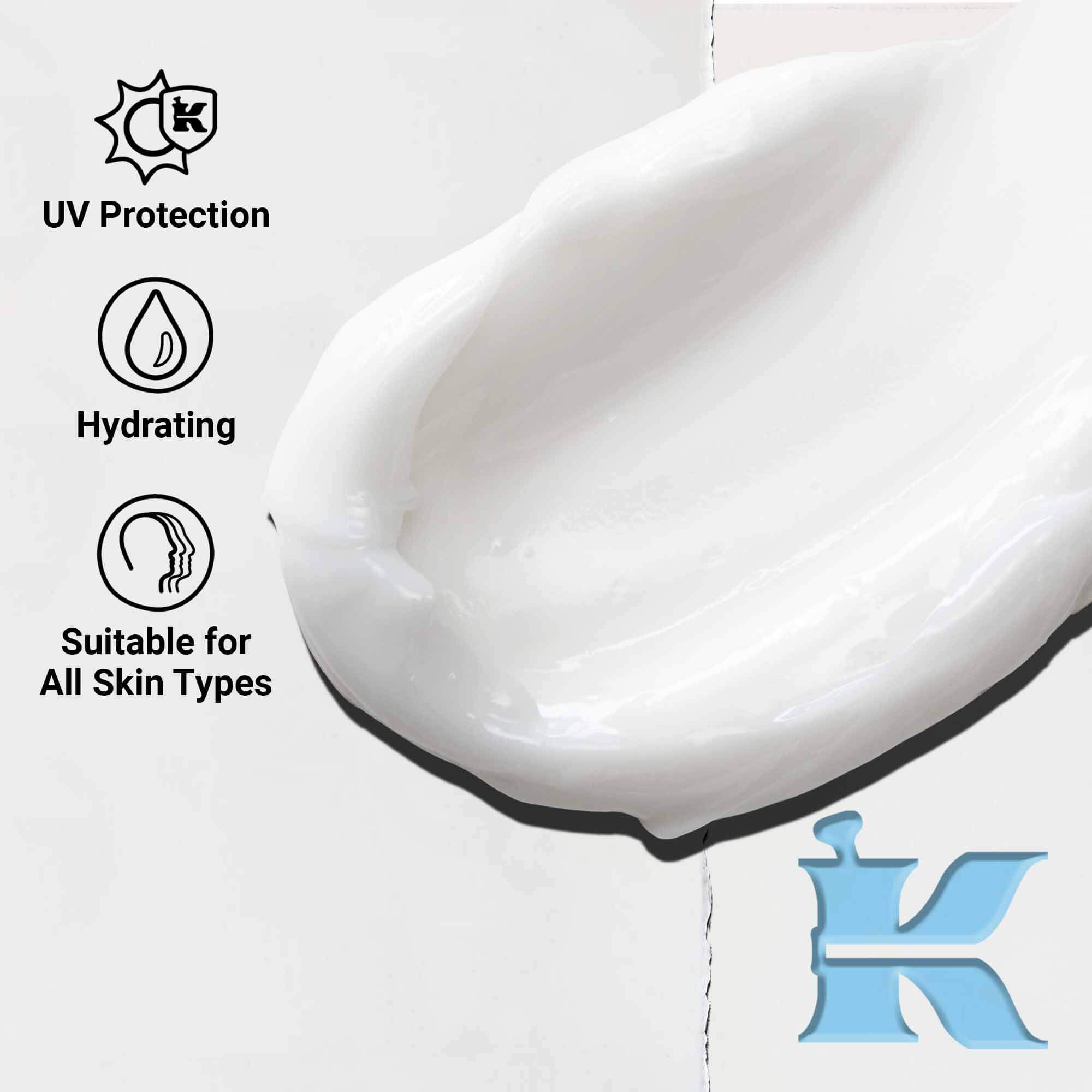 A close-up of Ultra Facial Cream SPF 30 texture swipe showing a lightweight, creamy formula. Text highlights UV protection and hydration benefits.