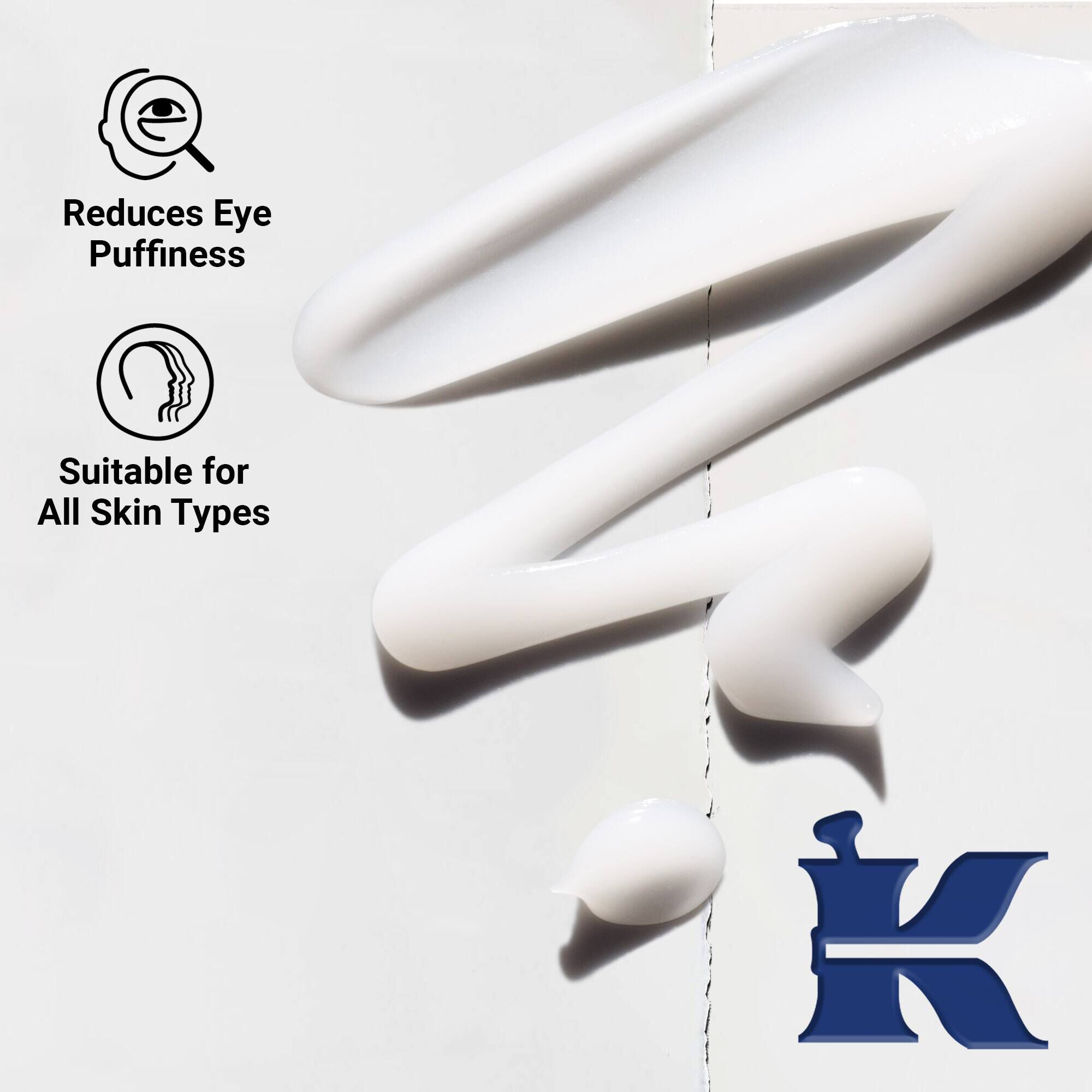 Close-up of Facial Fuel Eye Fuel texture showing a creamy formula. Text highlights its ability to reduce fine lines, puffiness, and suitability for all skin types.