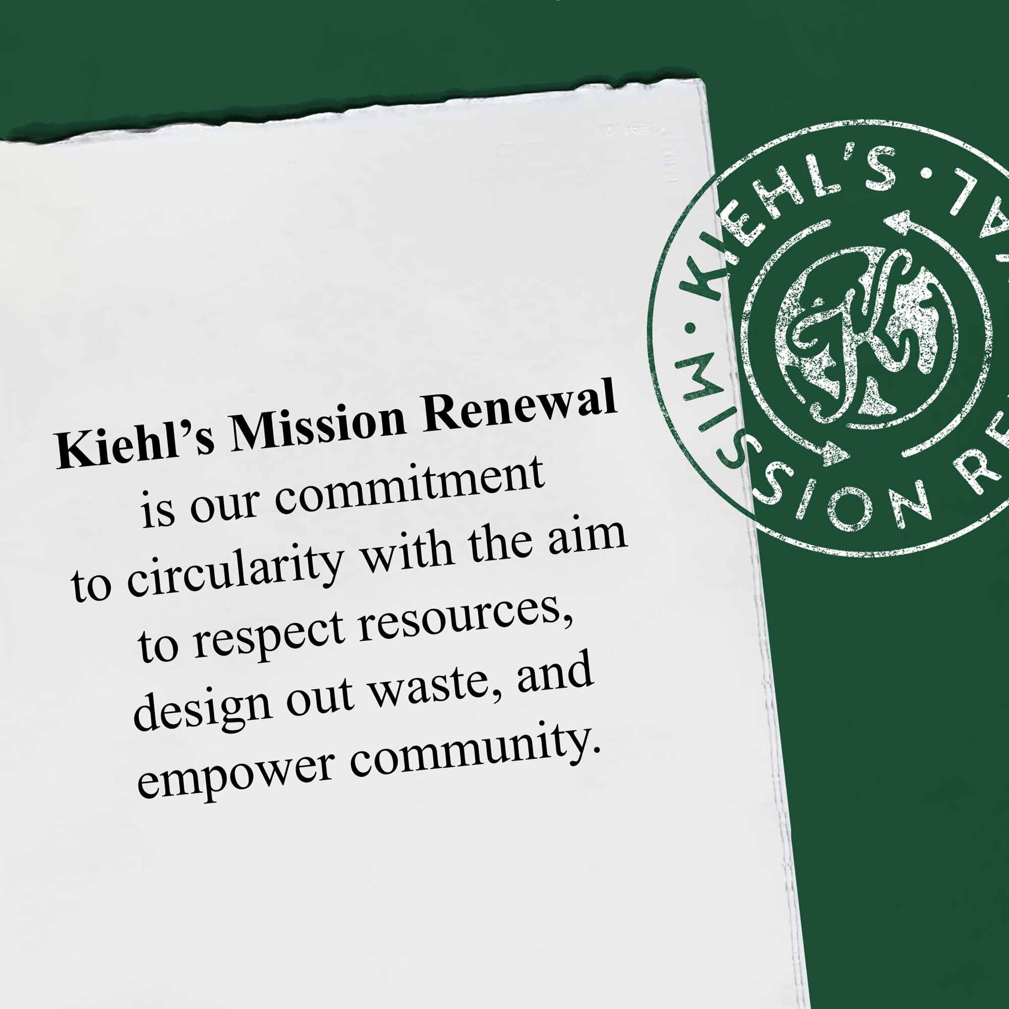 A graphic summarizing Kiehl's Mission Renewal with text about empowering communities and protecting resources.