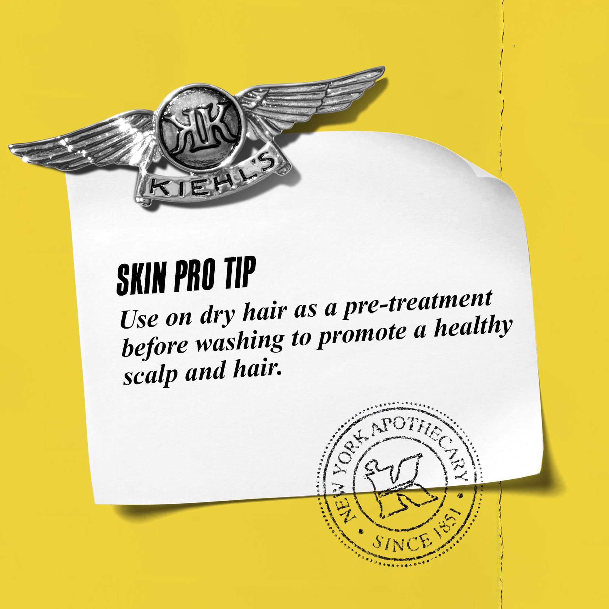 Graphic with text reading: "Skin Pro Tip: Use on dry hair as a pre-treatment before washing to promote a healthy scalp and hair."
