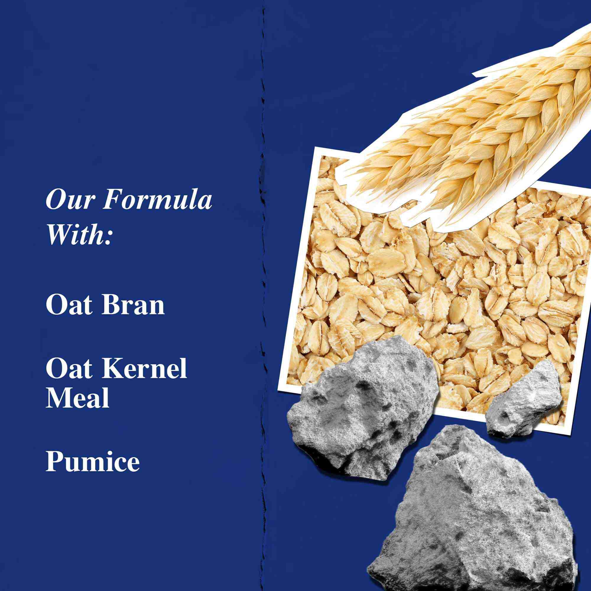 Key ingredients graphic highlighting Oat Bran, Oat Kernel Meal, and Pumice.