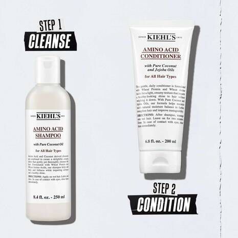 Alt text: "Kiehl's hair care products on light gray background. Left: Amino Acid Shampoo bottle labeled 'Step 1: Cleanse.' Right: Amino Acid Conditioner tube labeled 'Step 2: Condition.'"