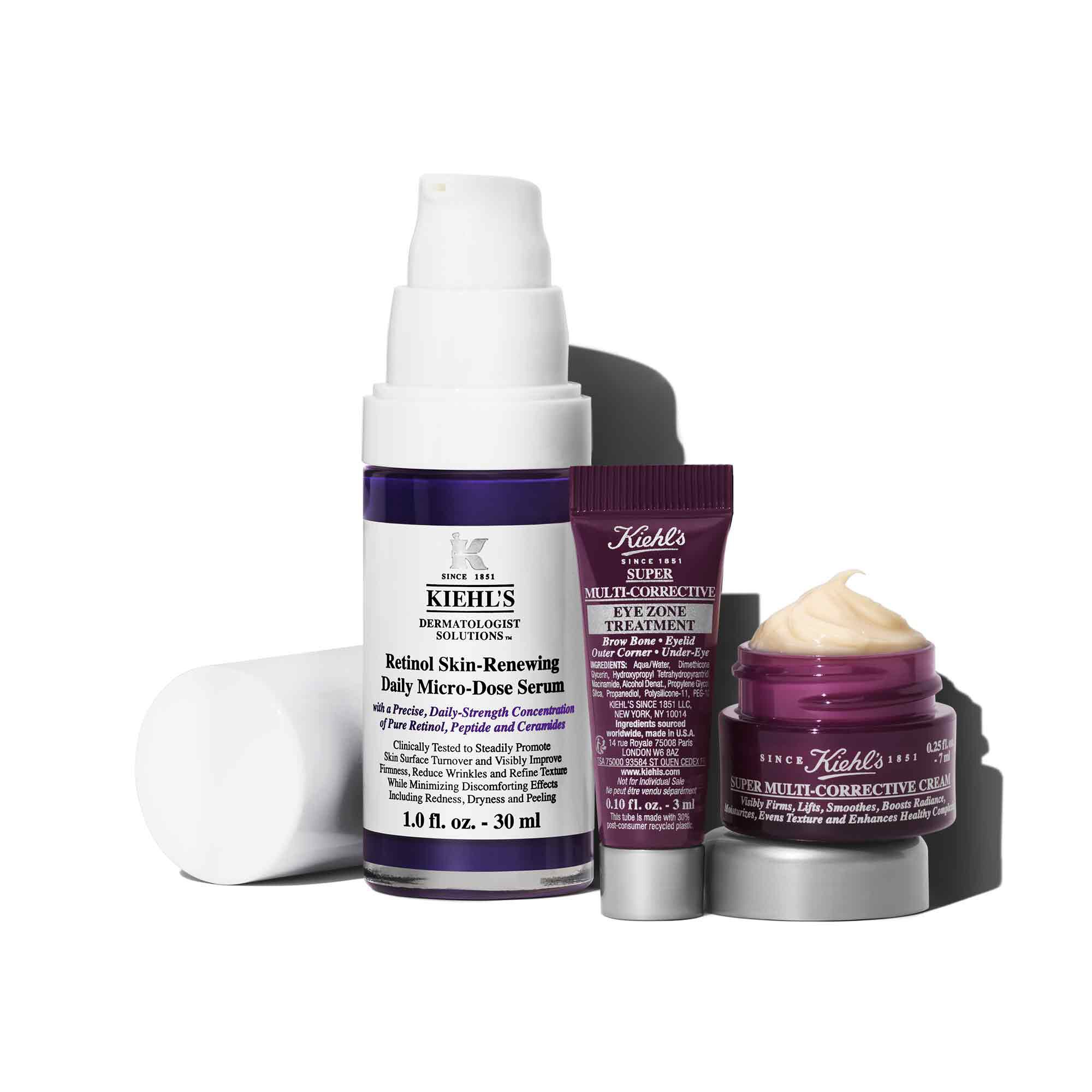 Kiehl's anti-aging set with retinol serum, eye cream, and multi-corrective cream for visibly younger-looking skin.