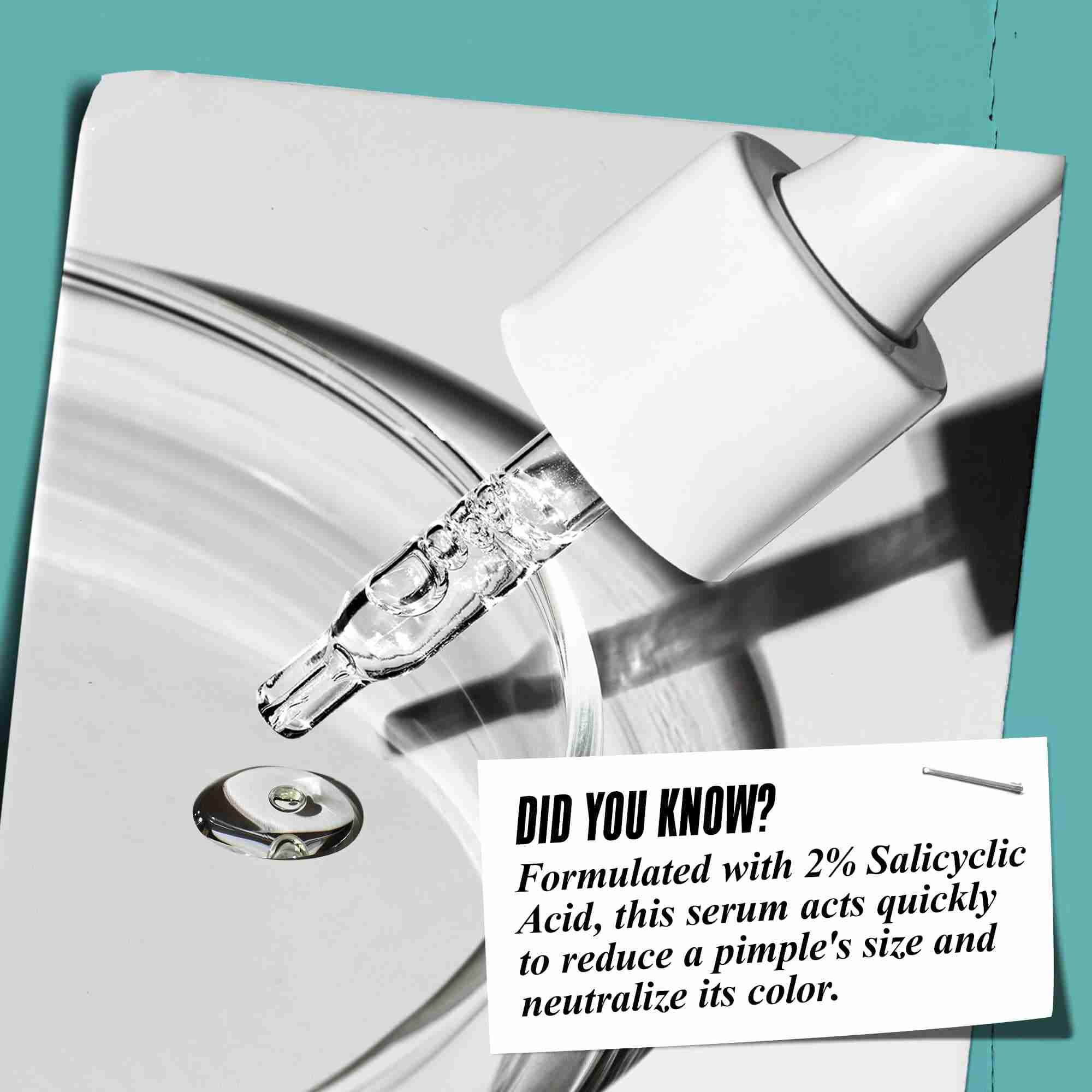 A dropper dispensing Truly-Targeted Blemish-Clearing Solution into a glass dish with text reading "Did You Know? Formulated with 2% Salicylic Acid to reduce pimples' size and neutralize its color."
