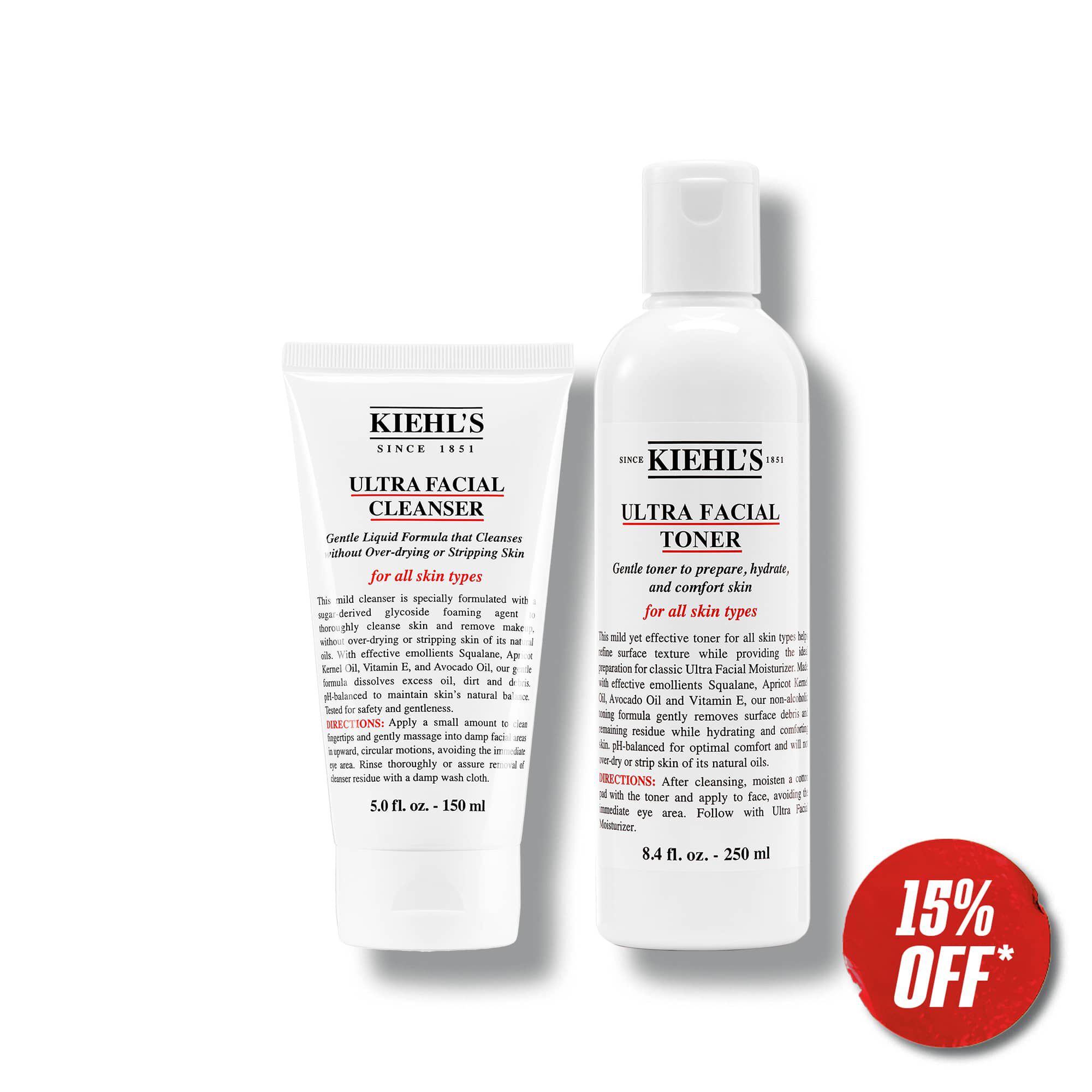 Kiehl's Ultra Facial Cleanser and Toner bottles on a white background, featuring a 15% off promotional tag.