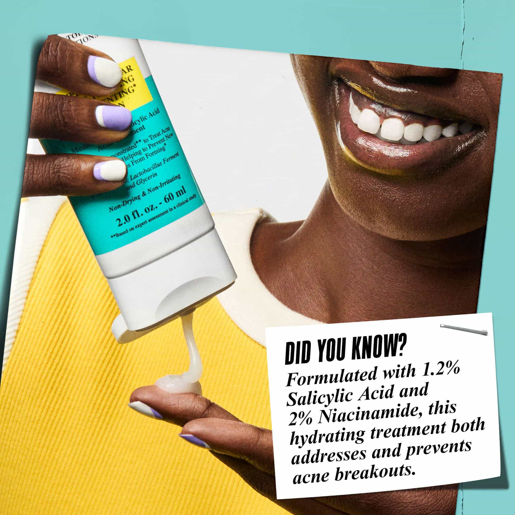 A hand holding Expertly Clear Blemish-Treating & Preventing Lotion with text reading "Did You Know? Formulated with 1.2% Salicylic Acid and 2% Niacinamide, this hydrating treatment both addresses and prevents active acne."