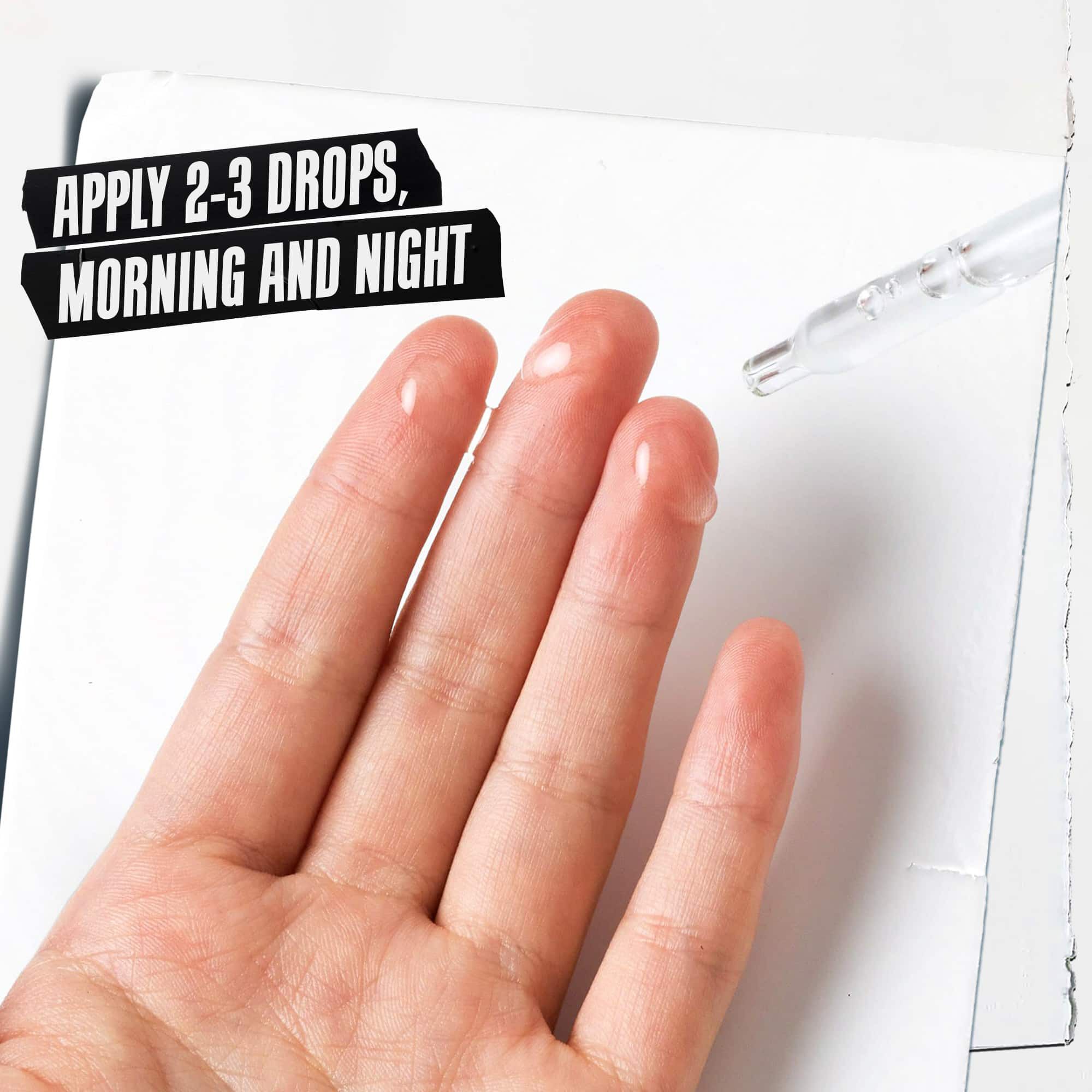 A hand applying Ultra Pure 1.5% Hyaluronic Acid Serum with text reading "Apply 2-3 drops, morning and night."