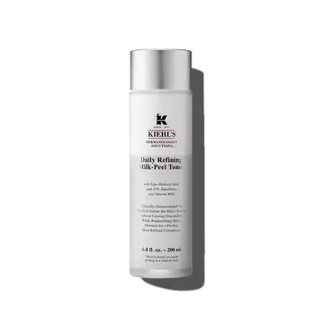 A graphic featuring a frosted bottle of Kiehl's Daily Refining Milk-Peel Toner with a silver cap and a label with black text.Â