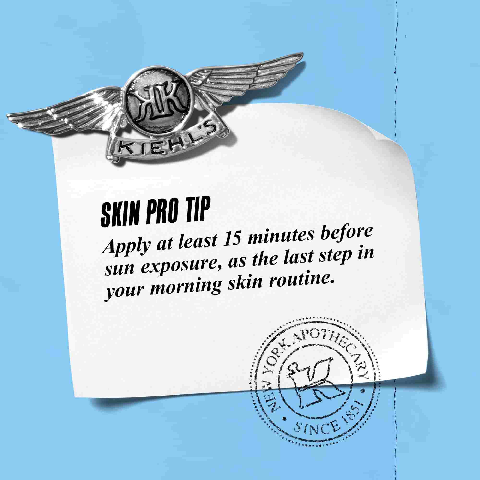 A graphic with text reading "Skin Pro Tip: Apply at least 15 minutes before sun exposure, as the last step in your morning skin routine."