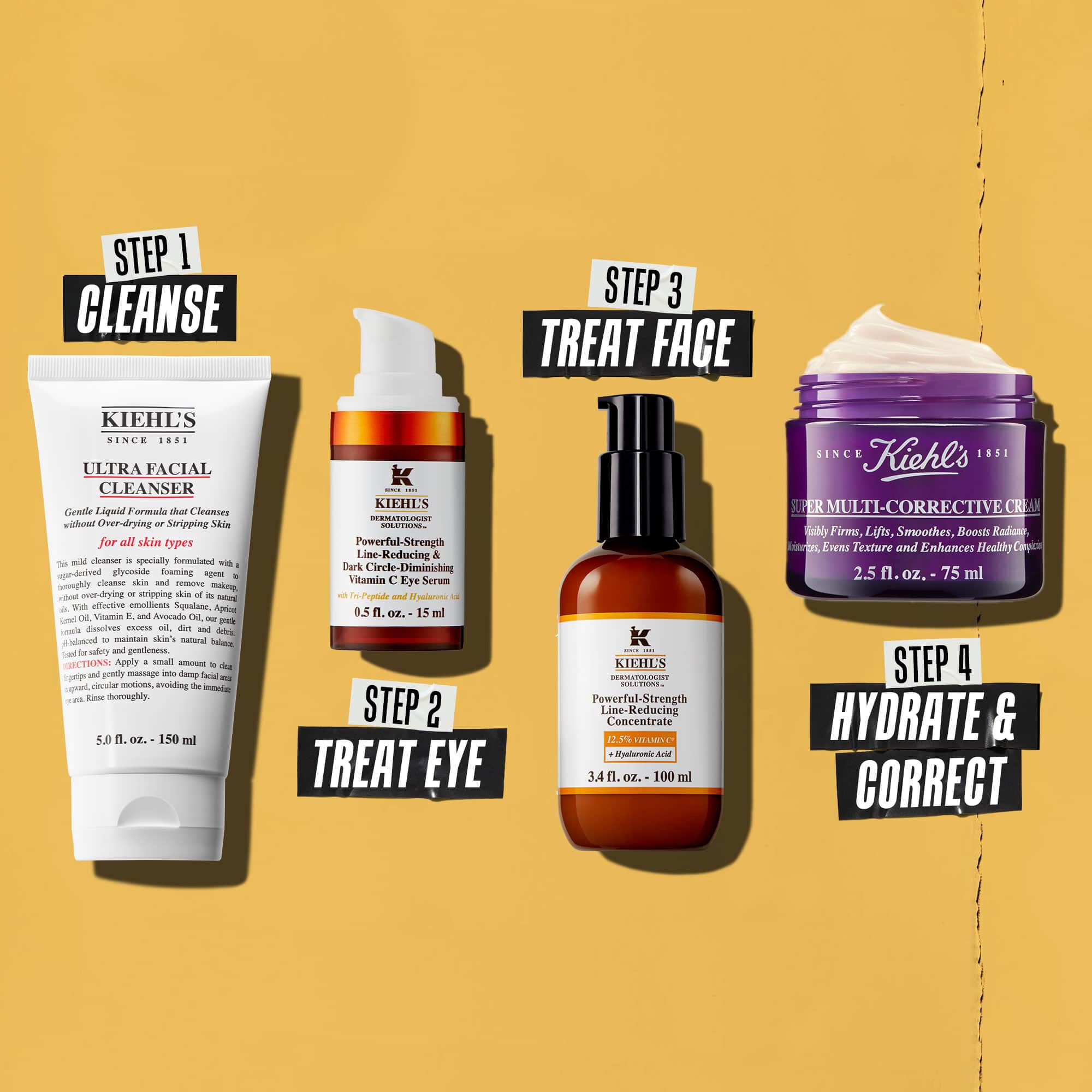 Four Kiehl's products representing a skincare routine. From left to right: cleanser, eye cream, Powerful-Strength Line-Reducing Concentrate, and moisturizer.