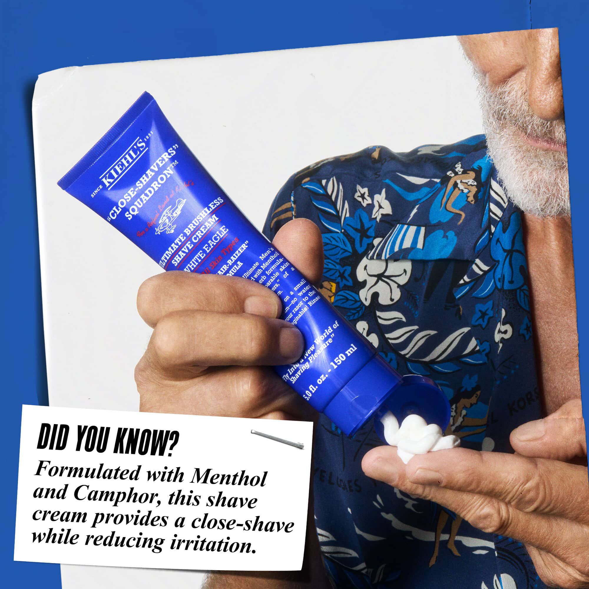 A hand applying Ultimate Brushless Shave Cream White Eagle. Text reads: "Did You Know? Formulated with Menthol and Camphor, this shave cream provides a close shave while reducing irritation."