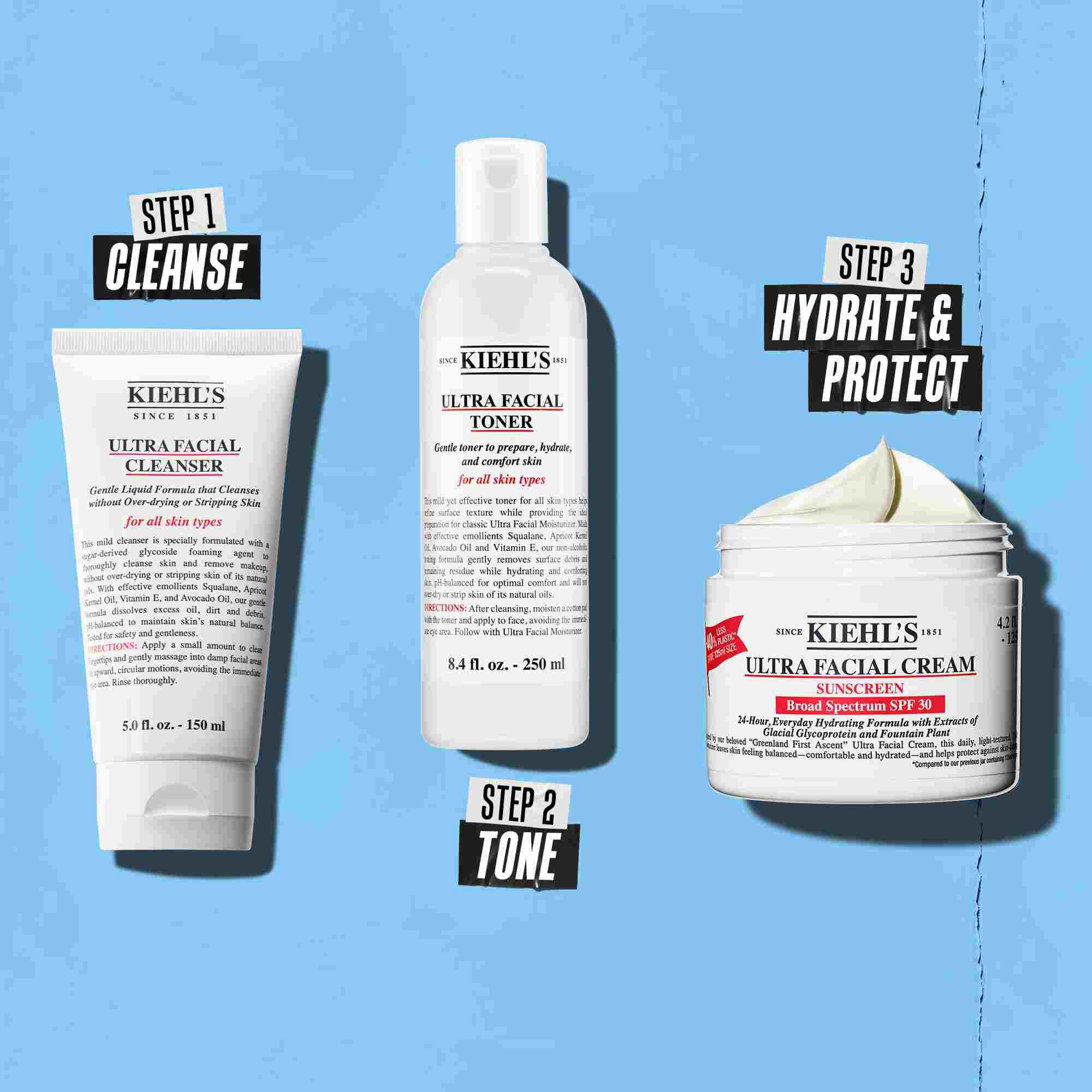 A three-step routine featuring Kiehl's products. Step 1: Ultra Facial Cleanser. Step 2: Ultra Facial Toner. Step 3: Ultra Facial Cream SPF 30.