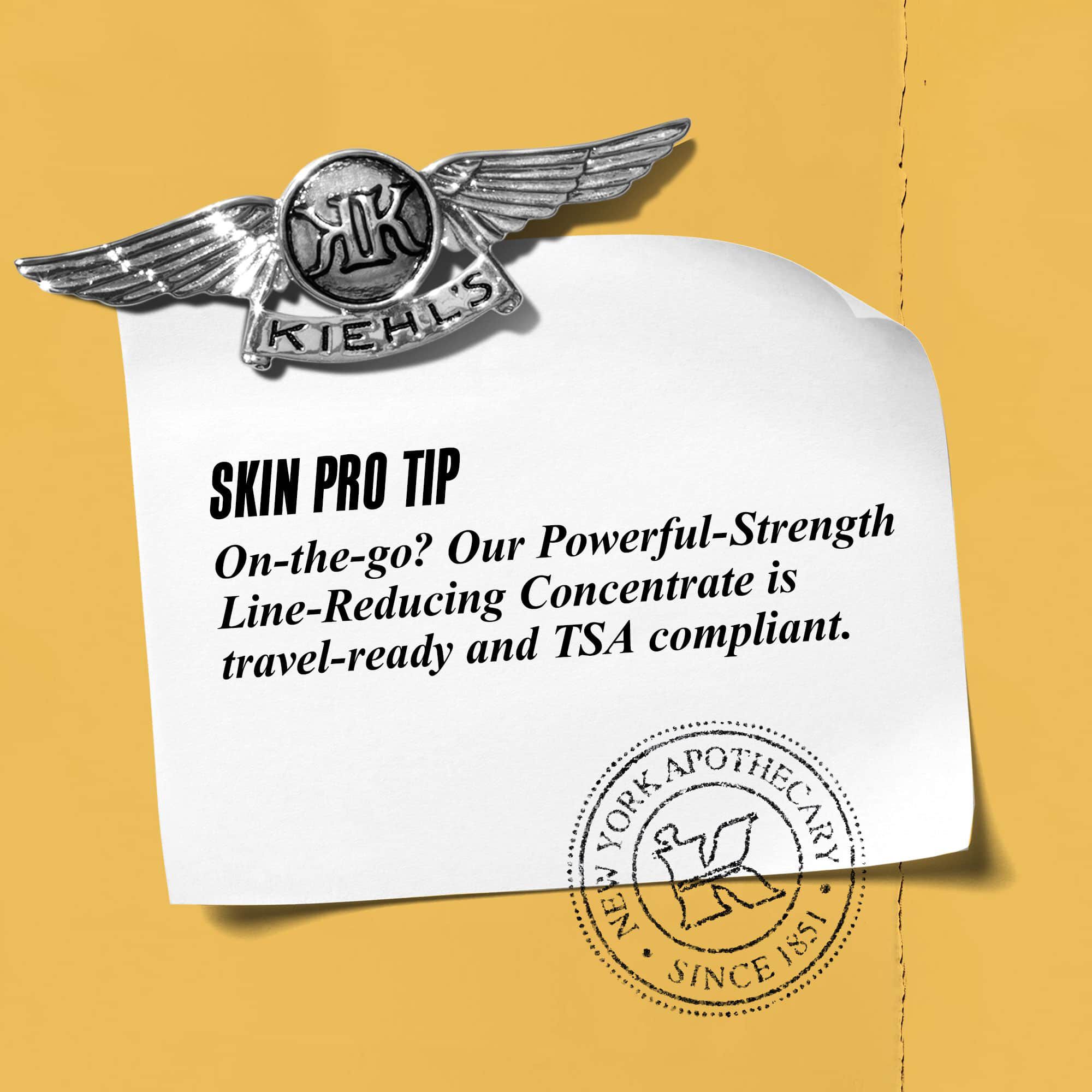 Graphic with text reading: "Skin Pro Tip: On-the-go? Our Powerful-Strength Line-Reducing Concentrate is travel-ready and TSA compliant."