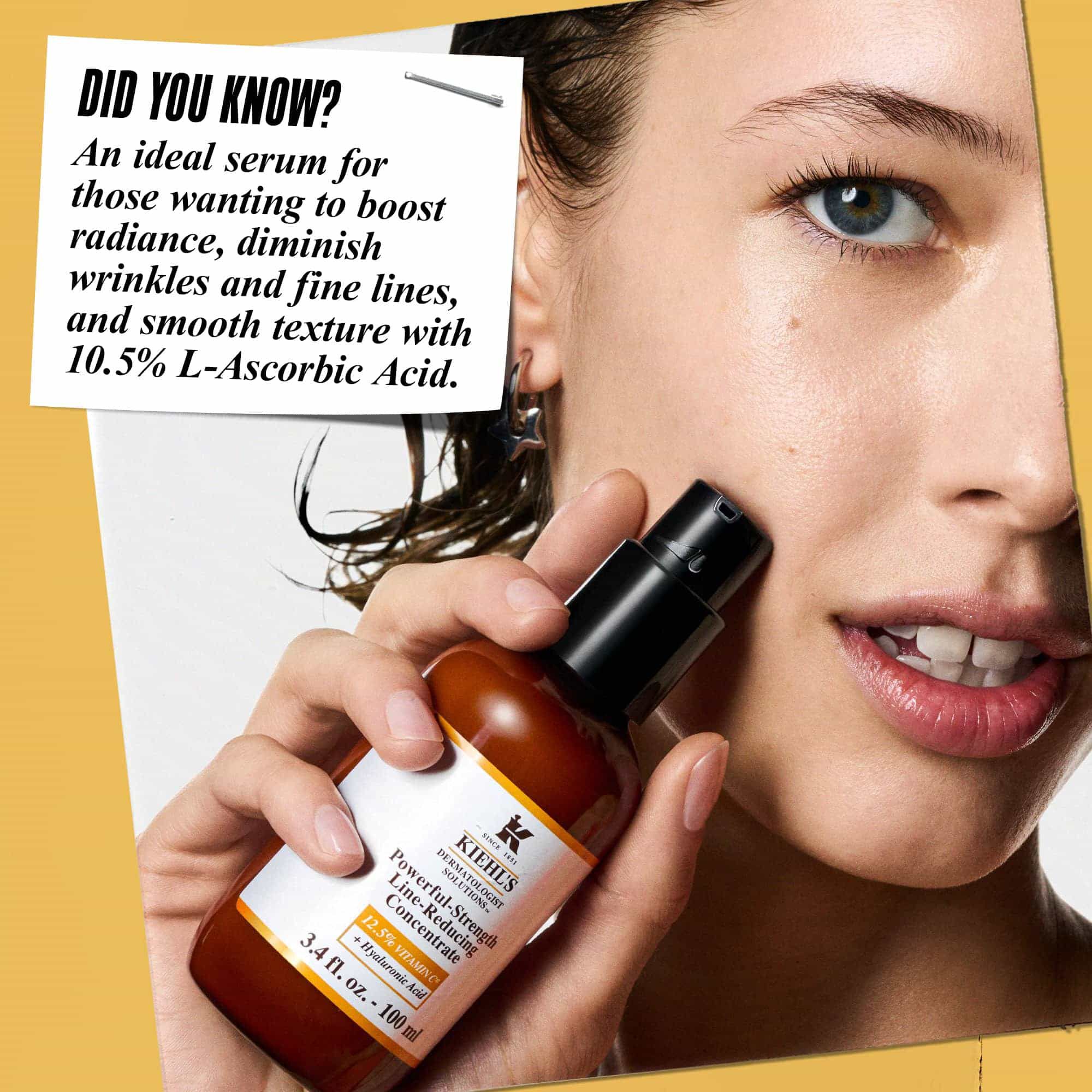 A person applying Powerful-Strength Line-Reducing Concentrate to their face. Text reads: "Did You Know? Perfect for uneven skin tone, this highly effective serum is formulated with 12.5% fragmented Vitamin C and Hyaluronic Acid."