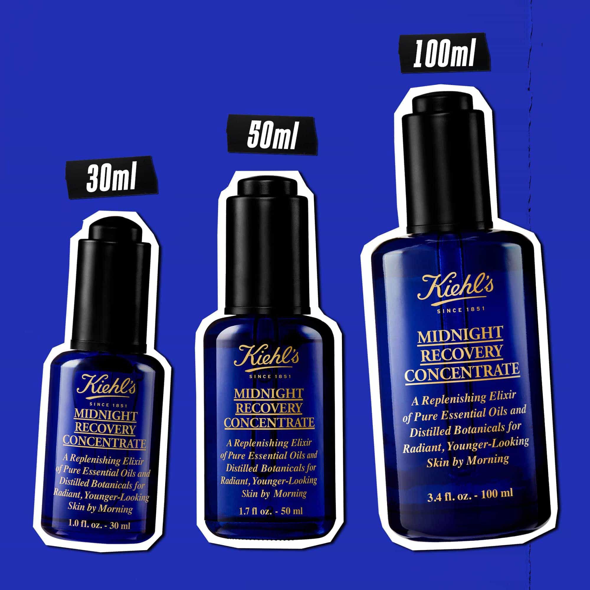Three bottles of Midnight Recovery Concentrate face oil in various sizes (30ml, 50ml, 100ml) against a blue background.