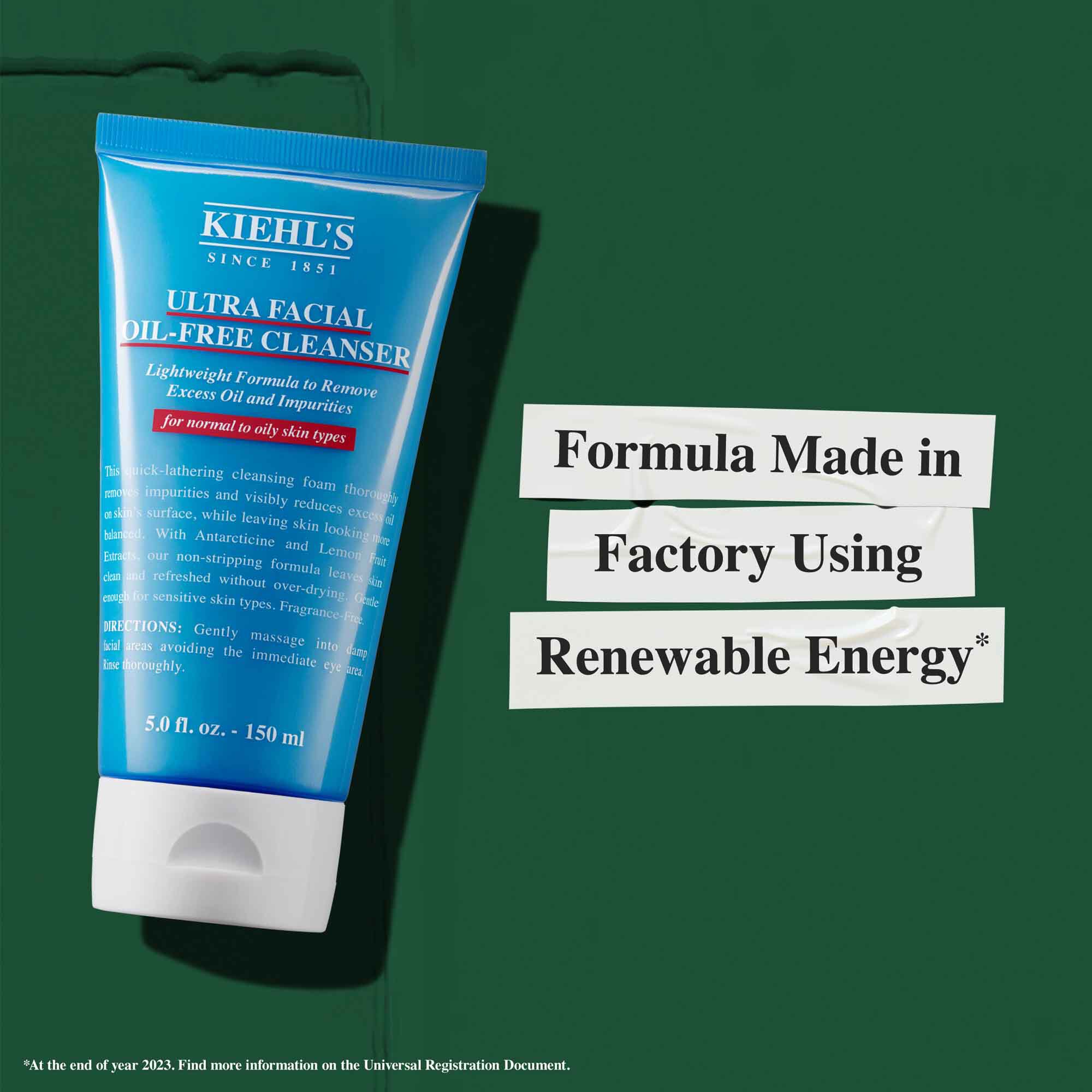 A tube of Ultra Facial Oil-Free Cleanser with text reading "Formula Made in Factory Using Renewable Energy."