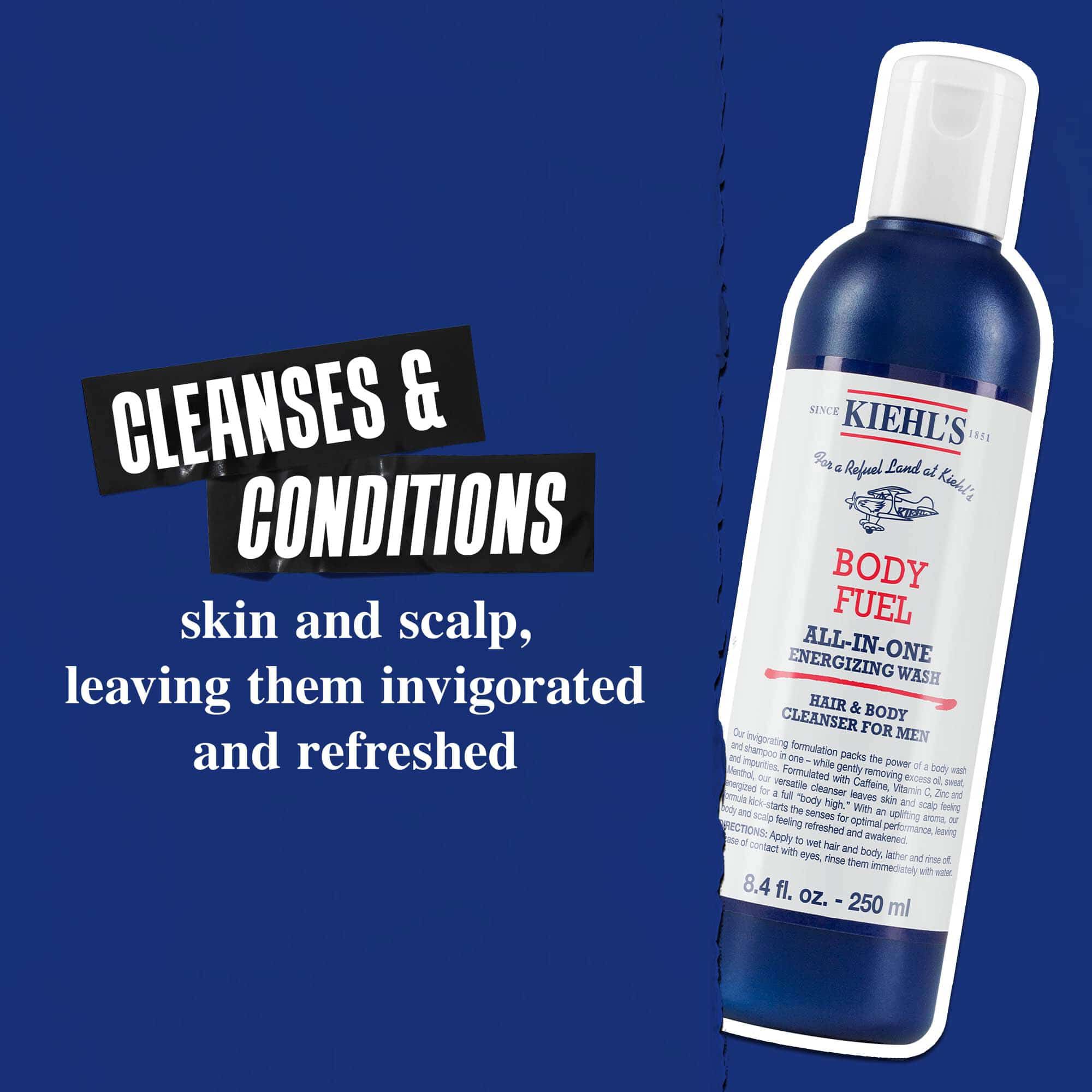 Body Fuel All-In-One Energizing Wash: Cleanses & Conditions skin, hair and scalp, leaving them invigorated and refreshed.