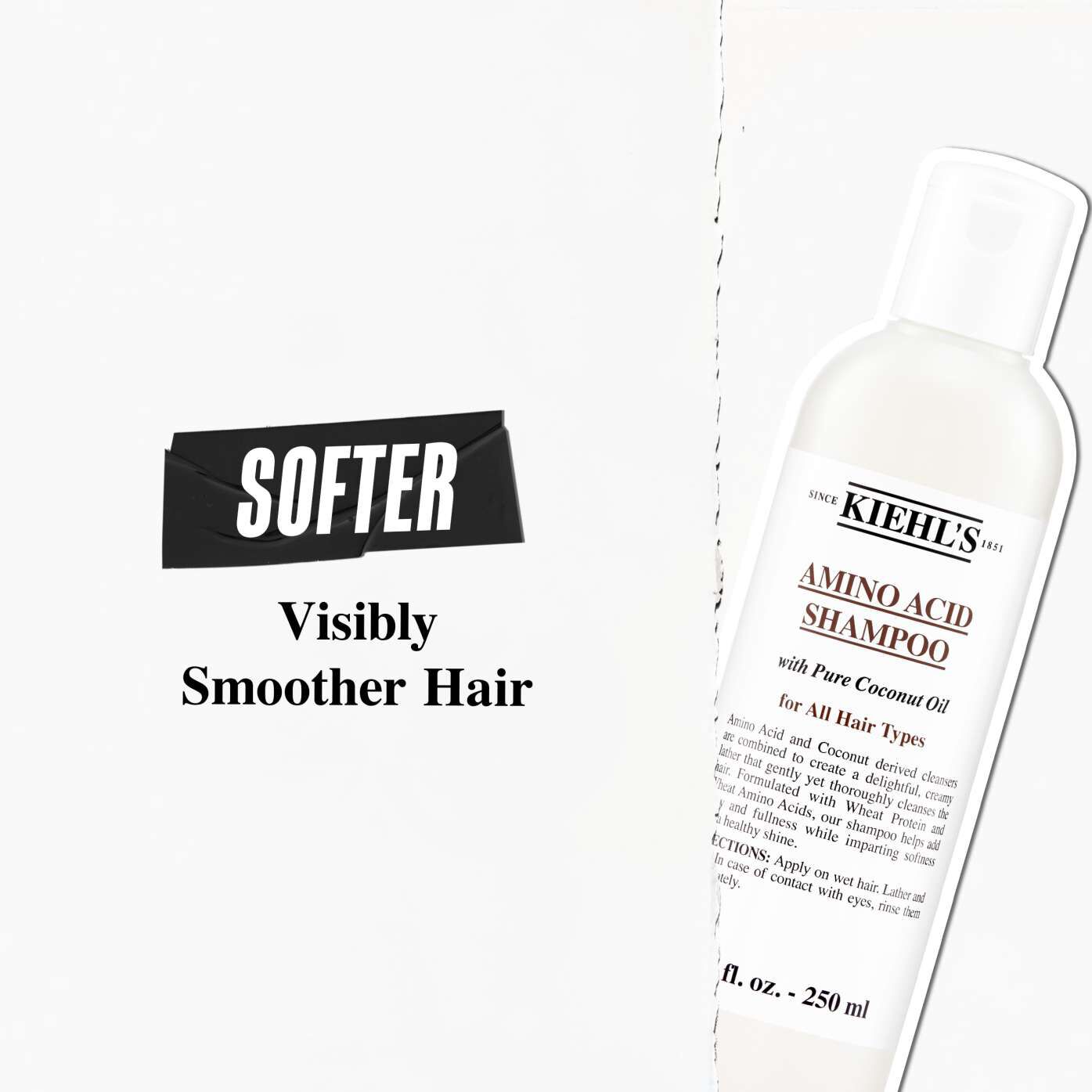 Kiehl's Amino Acid Shampoo bottle on the right. Bold text on left reads "SOFTER" and "Visibly Smoother Hair." Clean, minimalist design conveys softness.