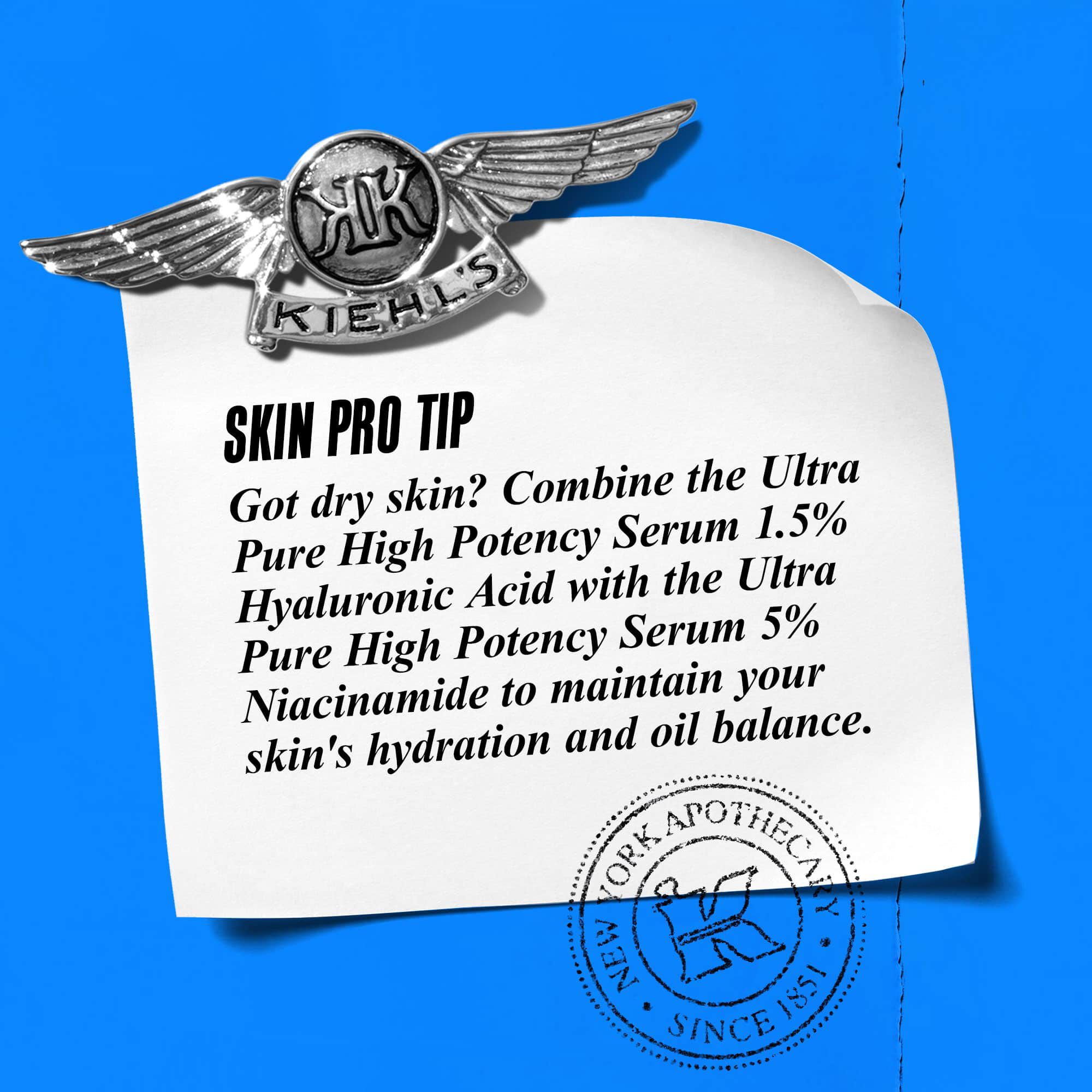 A graphic with text reading "Skin Pro Tip: For dry skin, combine the Ultra Pure High-Potency Serums 1.5% Hyaluronic Acid with Serum 5% Pure Niacinamide to balance your skin's hydration and oil balance."