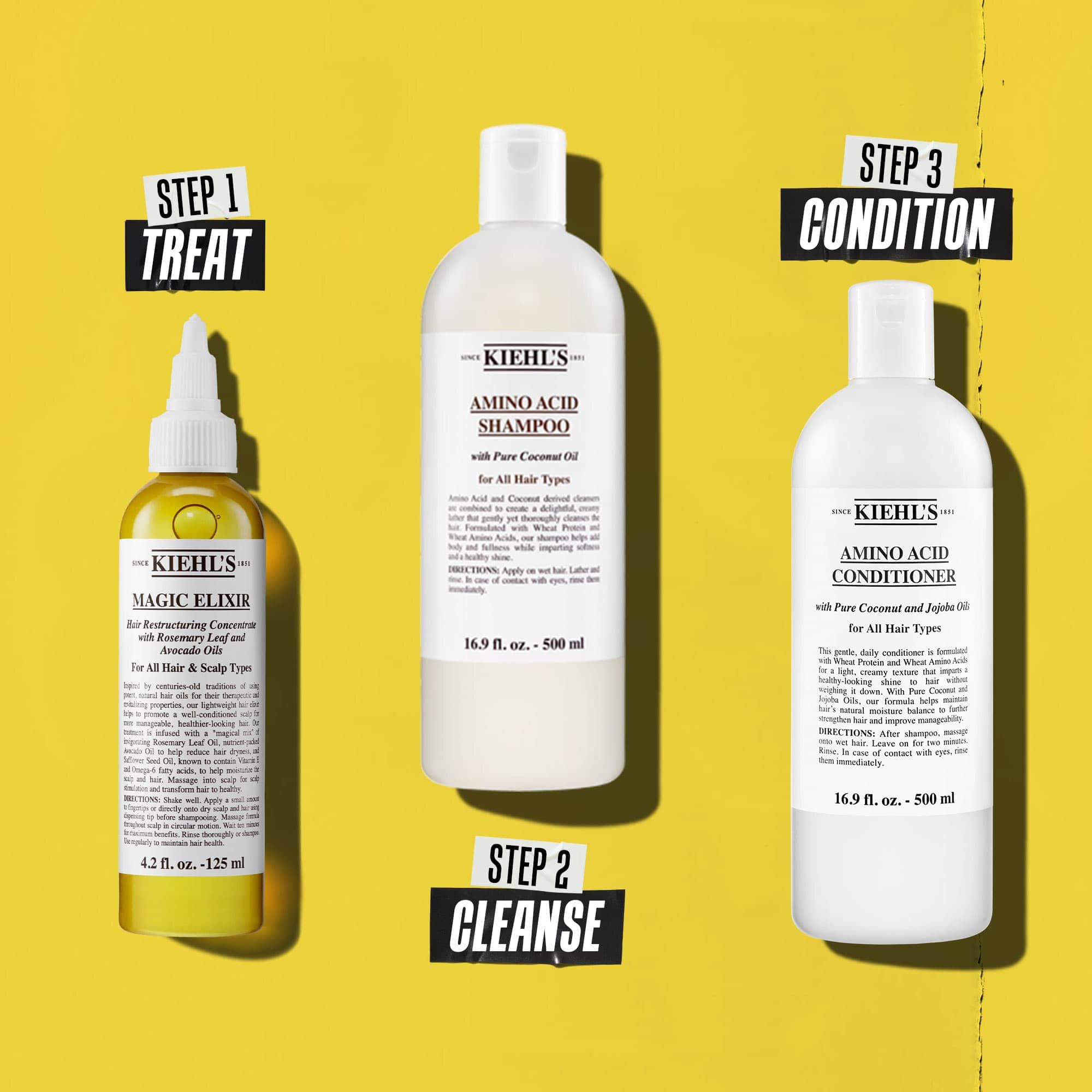 A three-step hair routine featuring Kiehl's products. Step 1: Magic Elixir Hair Oil. Step 2: Amino Acid Shampoo. Step 3: Amino Acid Conditioner. Text labels each step as "Treat," "Cleanse," and "Condition," respectively.