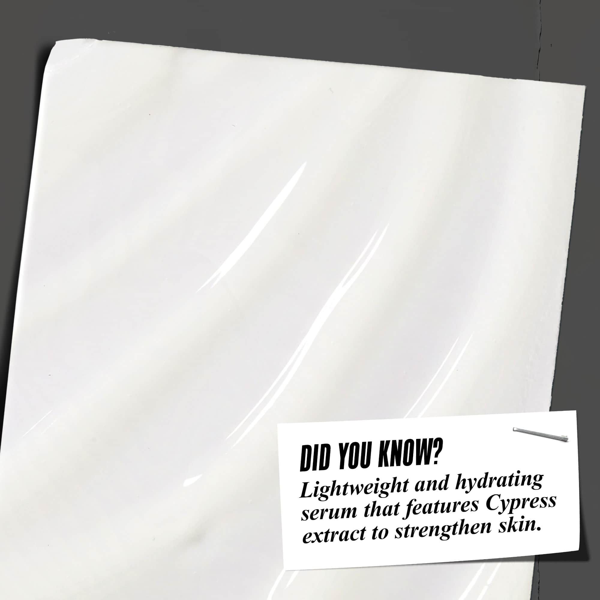 Texture swatch of Age Defender Power Serum with text: "Did You Know? Lightweight and hydrating serum that features Cypress extract to strengthen skin."