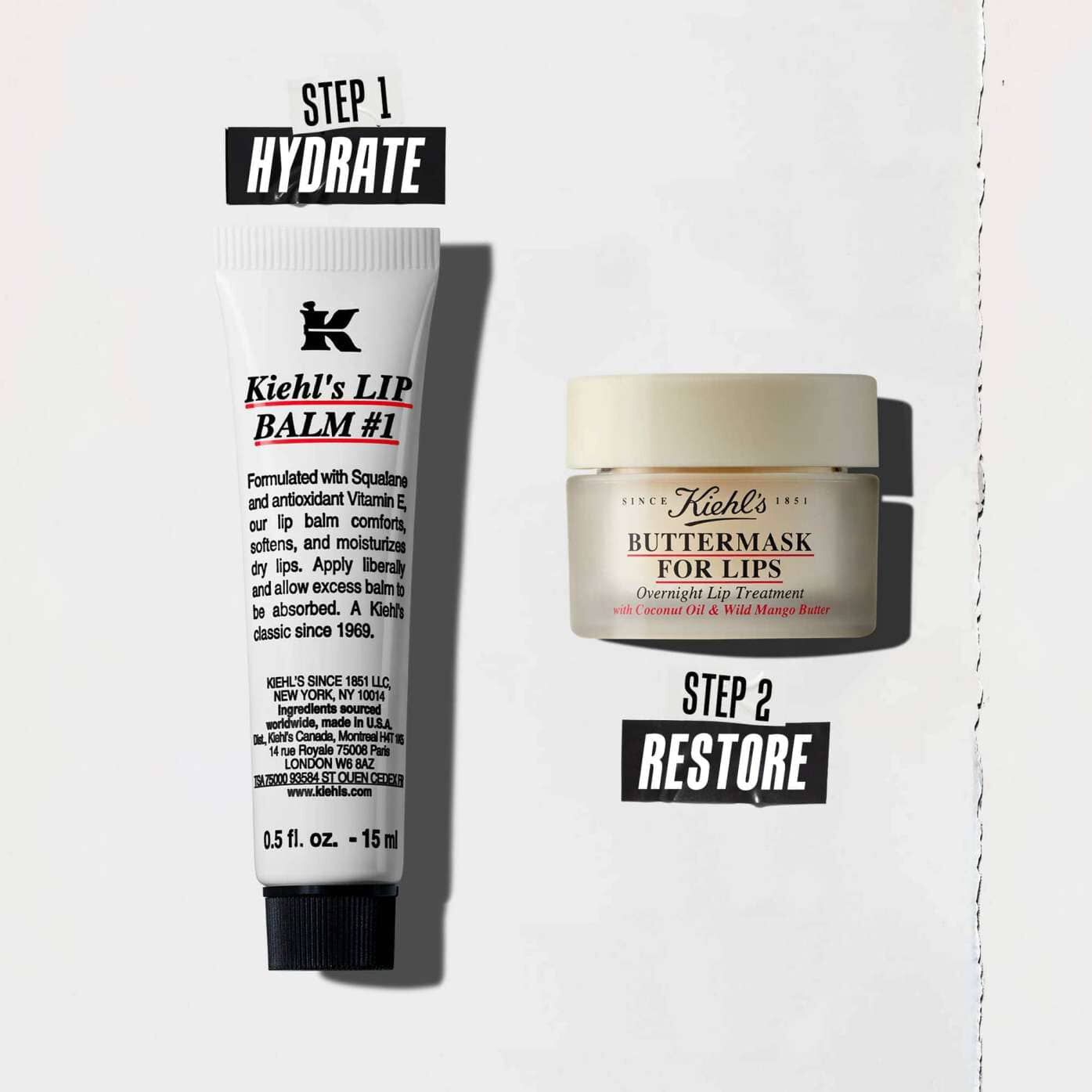 A two-step routine featuring Lip Balm #1 for hydration and Butter Mask for restoration.