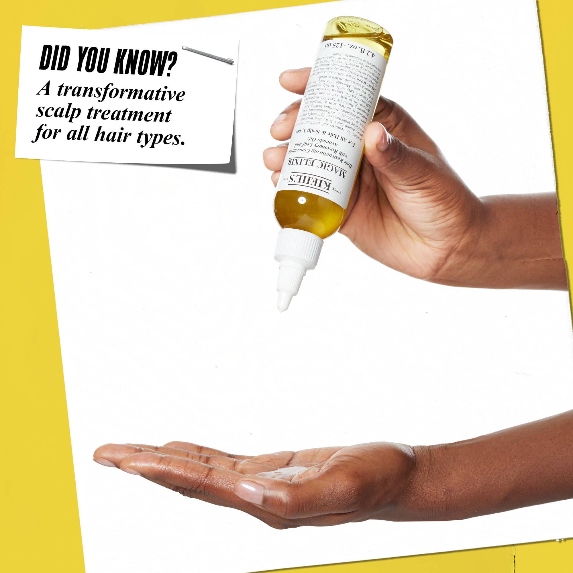 A hand dispensing Magic Elixir Hair Oil onto another hand. Text reads: "Did You Know? A transformative scalp treatment for all hair types."