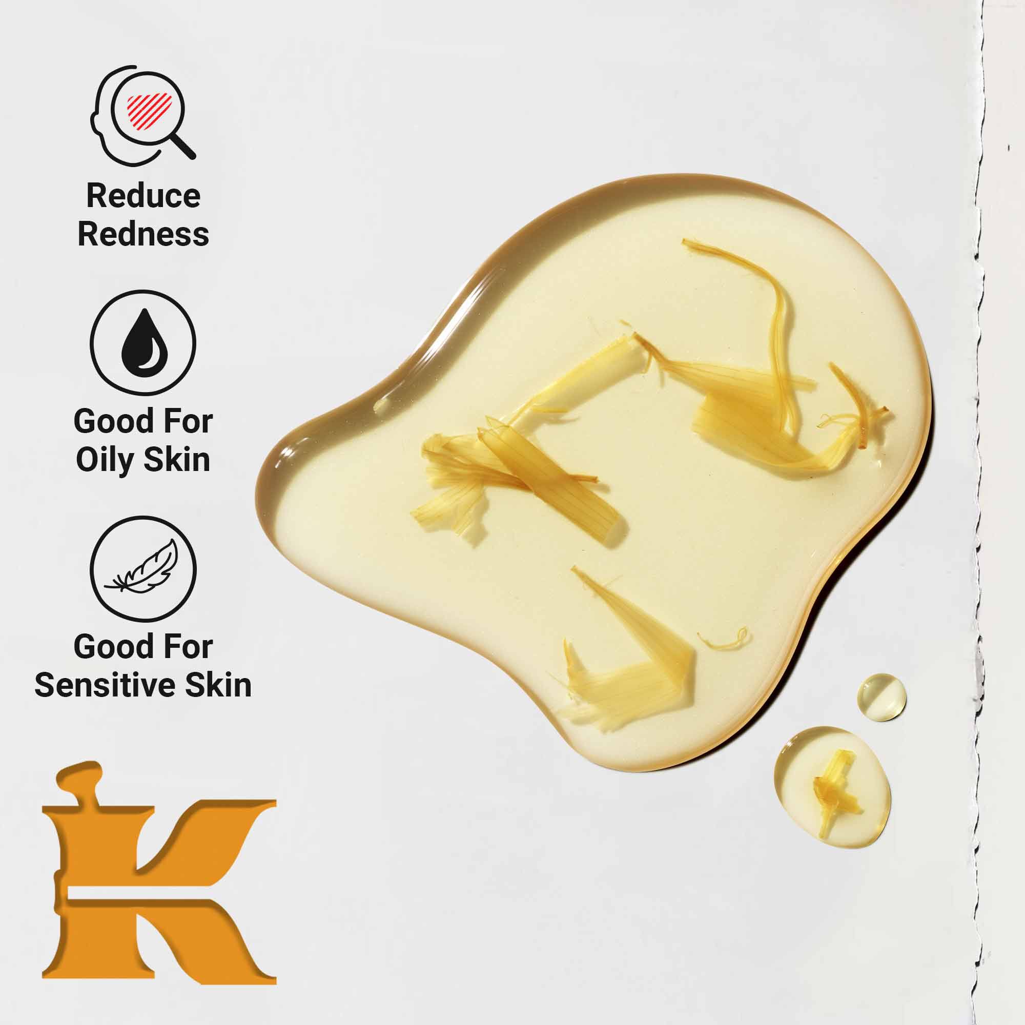 A close-up of the Calendula Herbal-Extract Toner texture featuring a swipe of liquid infused with calendula petals. Text highlights benefits for reducing redness and suitability for oily and sensitive skin.