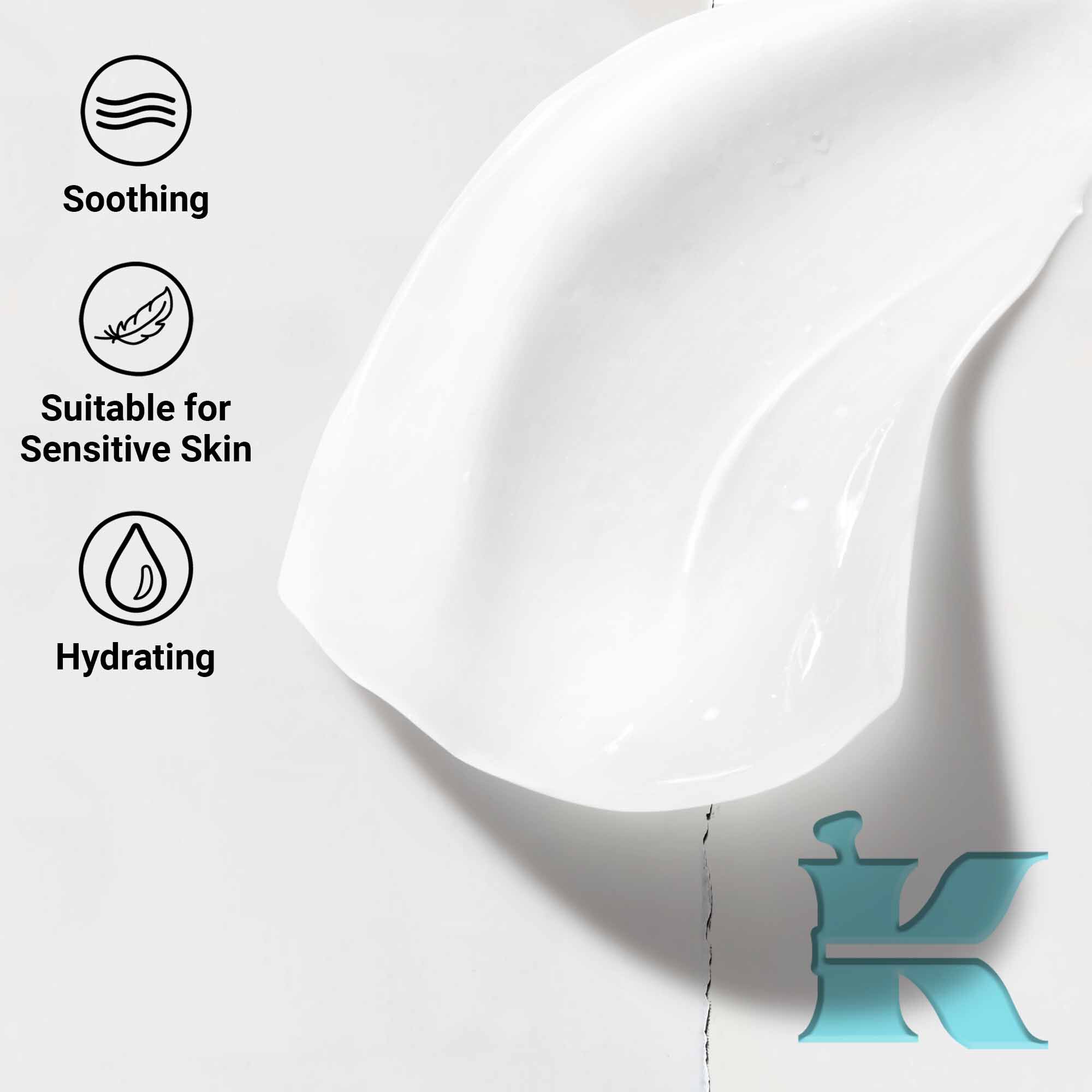 A close-up of Ultra Facial Oil-Free Gel Cream texture swipe showcasing soothing, hydrating and suitable for sensitive skin benefits.