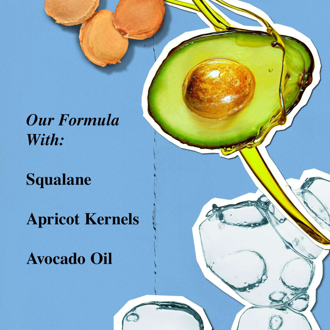 An avocado half with oil pouring, alongside apricot kernels, highlighting ingredients: squalane, apricot kernels, and avocado oil.